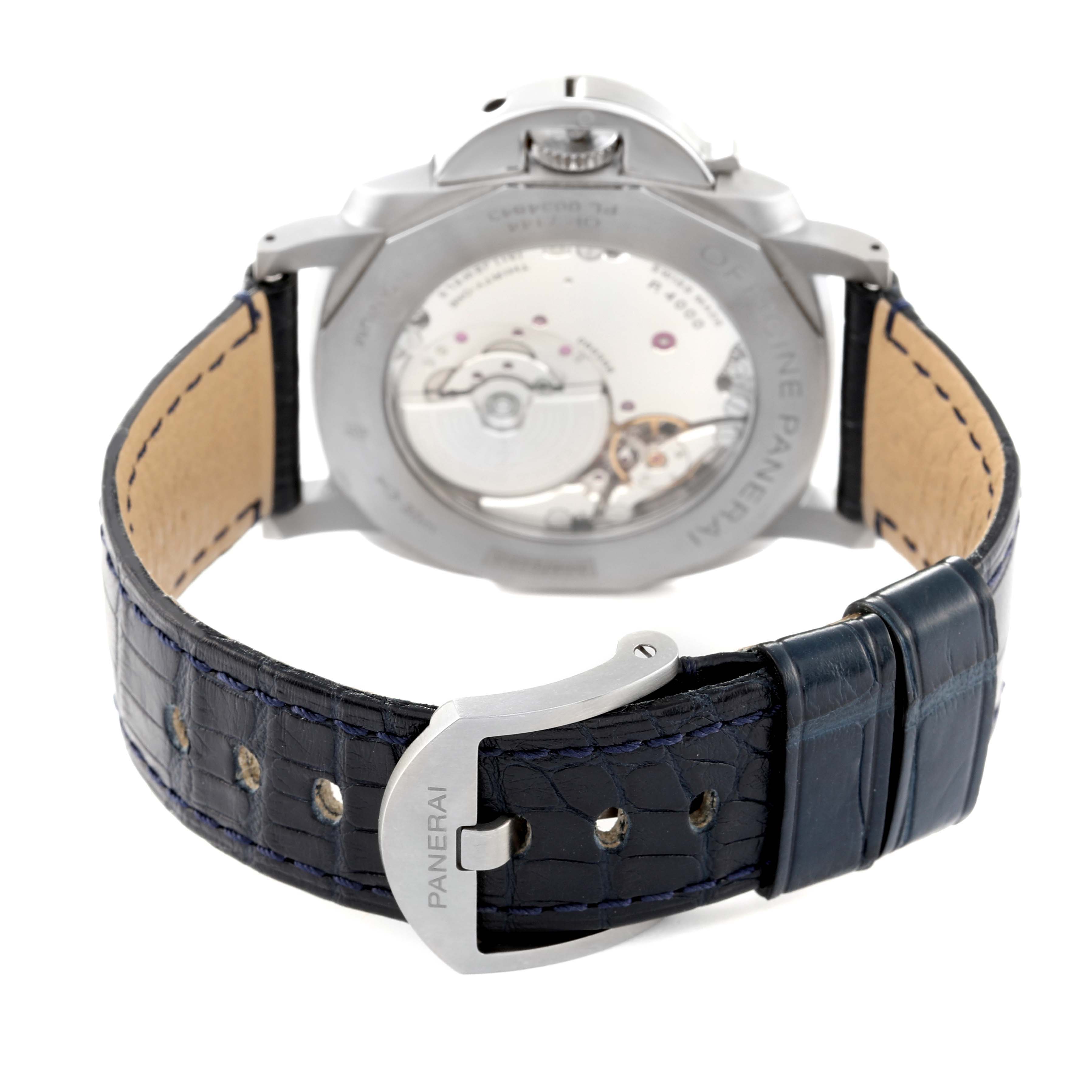 The image shows the back view of a Panerai Luminor Due PAM00729 Men's Titanium Blue Dial PAM00729 Men's Titanium Blue Dial watch, focusing on the movement and leather strap with a branded buckle.