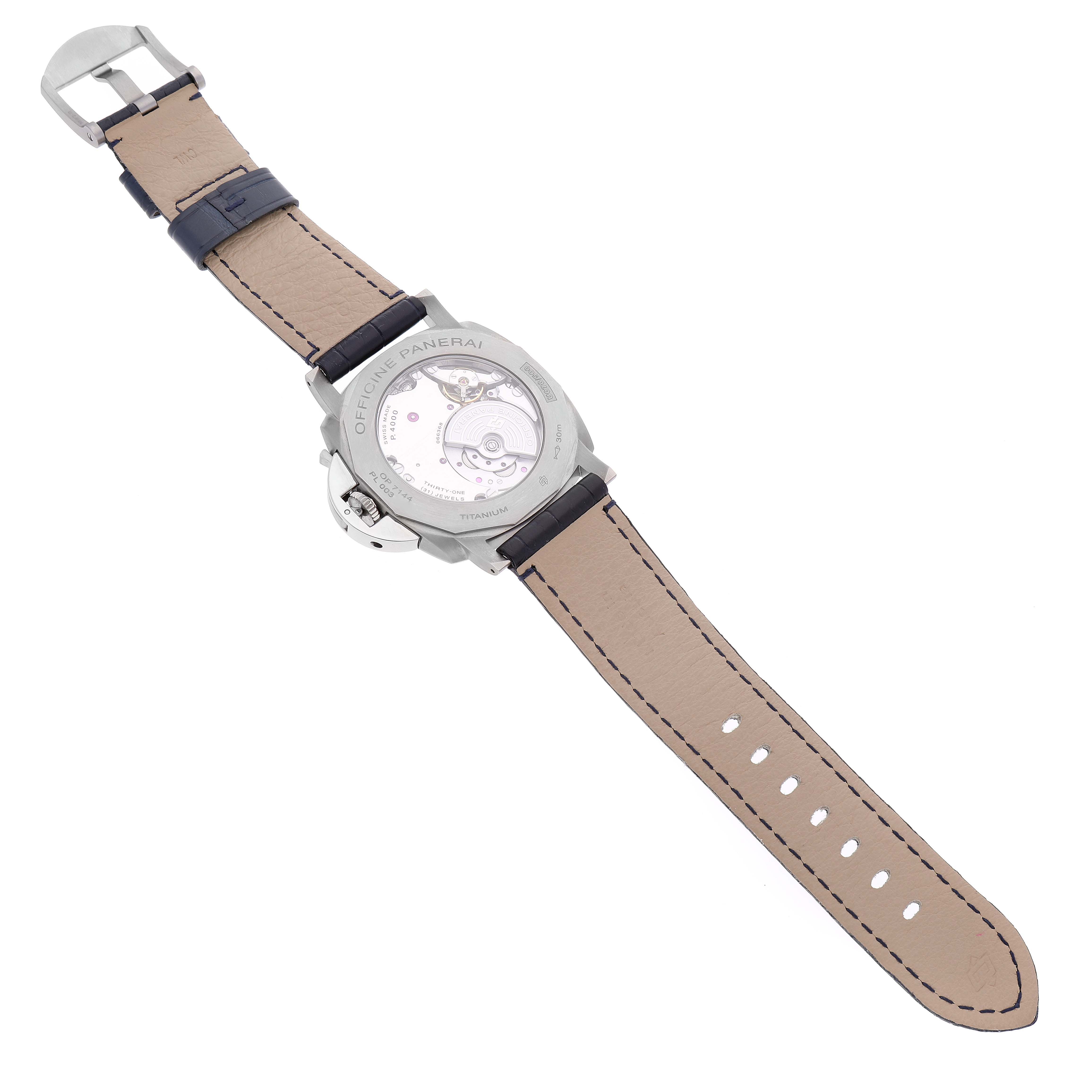 The image shows the back and strap of a Panerai Luminor Due PAM00729 Men's Titanium Blue Dial PAM00729 Men's Titanium Blue Dial watch, highlighting the transparent case back and leather strap.