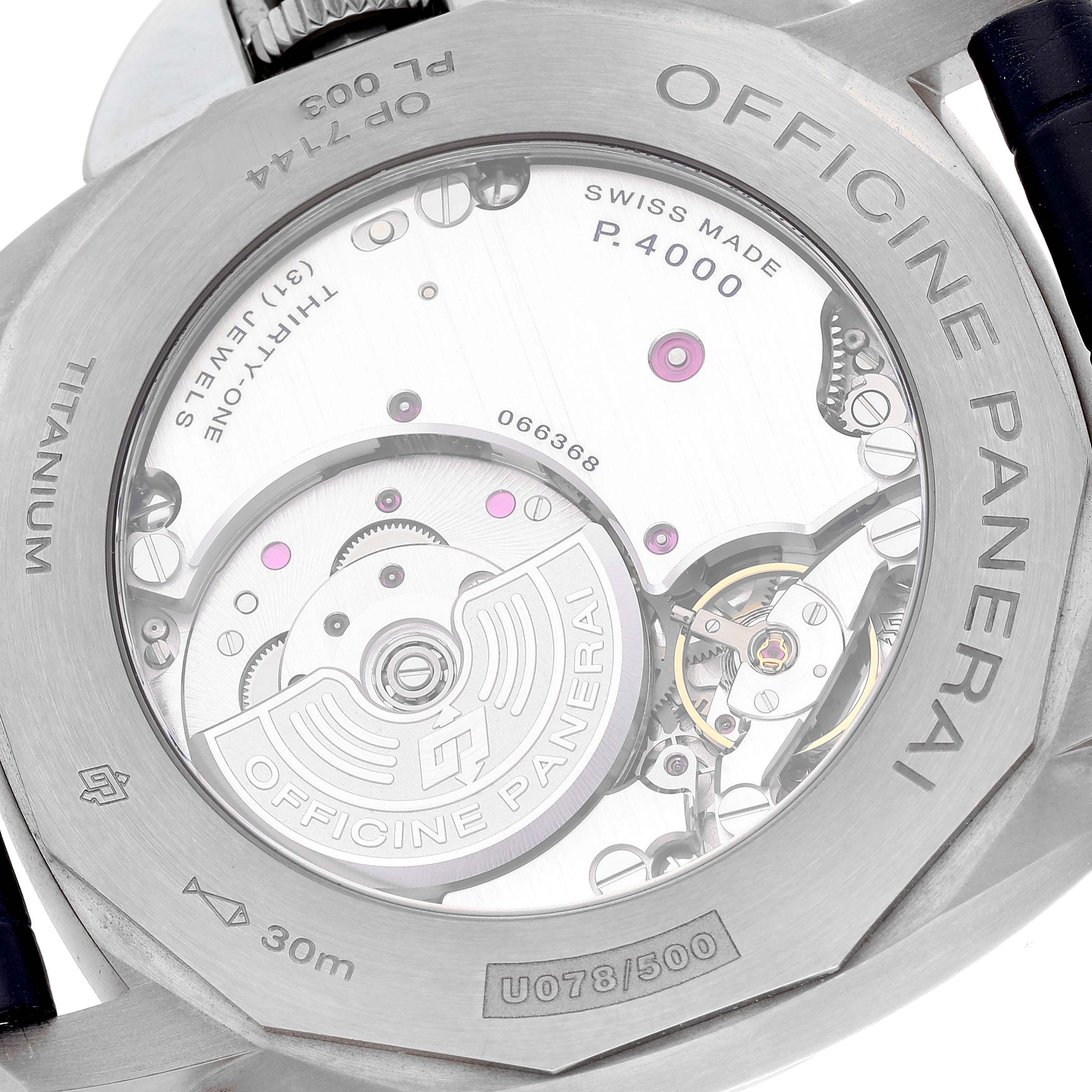 The image shows the back of a Luminor Due watch by Panerai, displaying its internal mechanical components.