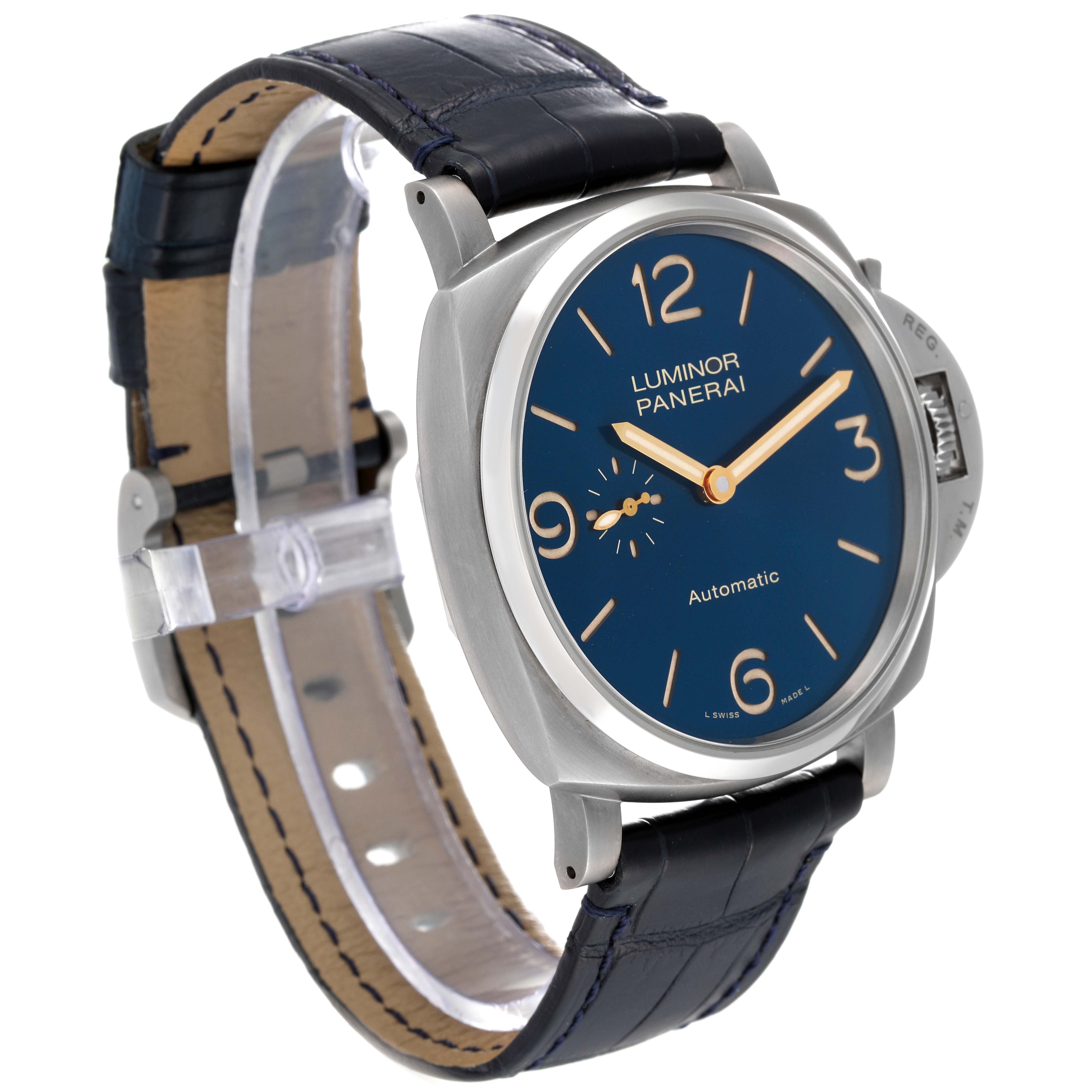 The image shows a Panerai Luminor Due PAM00729 Men's Titanium Blue Dial PAM00729 Men's Titanium Blue Dial watch at a three-quarter angle, displaying the face, case, and leather strap.
