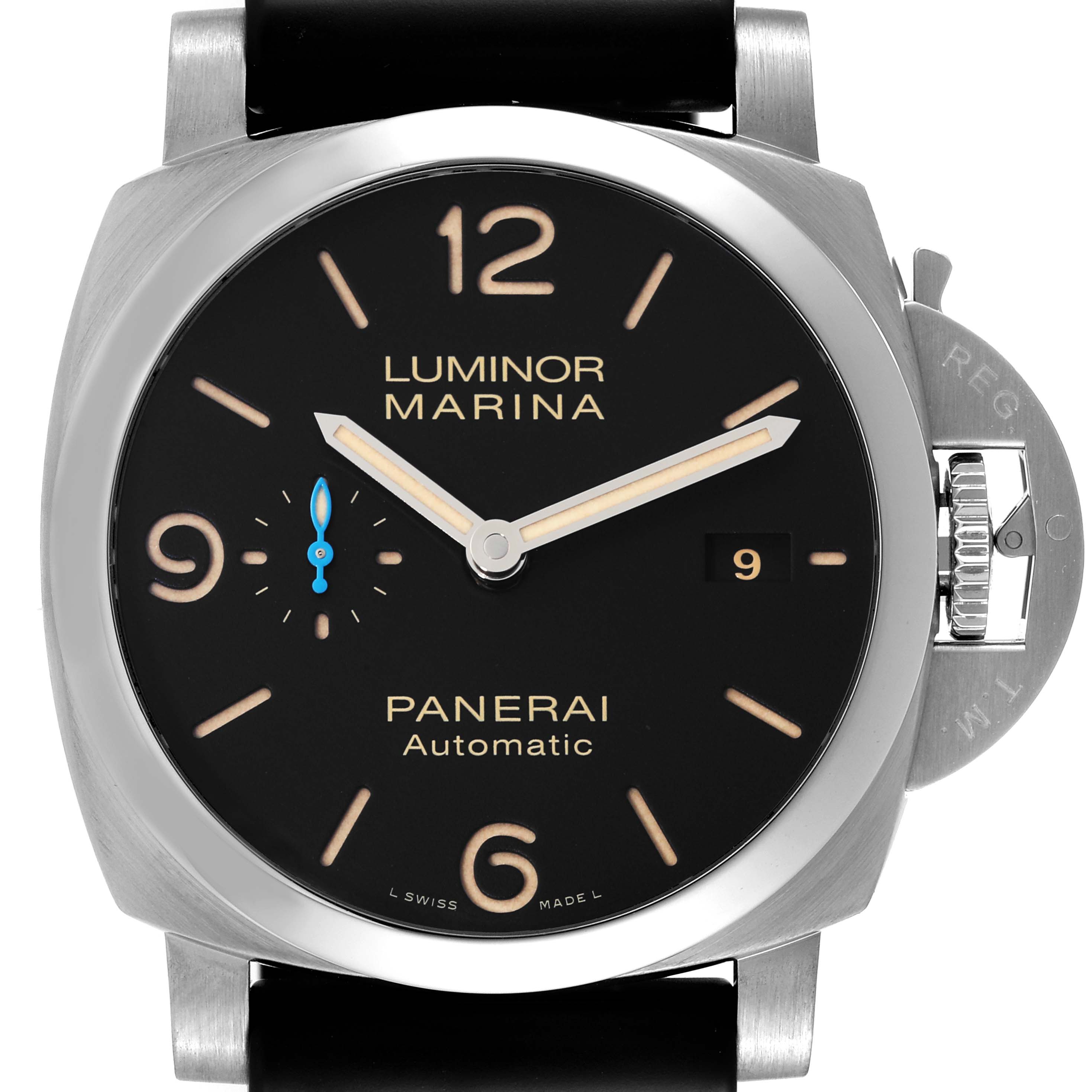 This image shows a front view of the Panerai Luminor PAM01312 Men's Stainless Steel Black Dial PAM01312 Men's Stainless Steel Black Dial Marina watch, highlighting its face, crown, and strap.