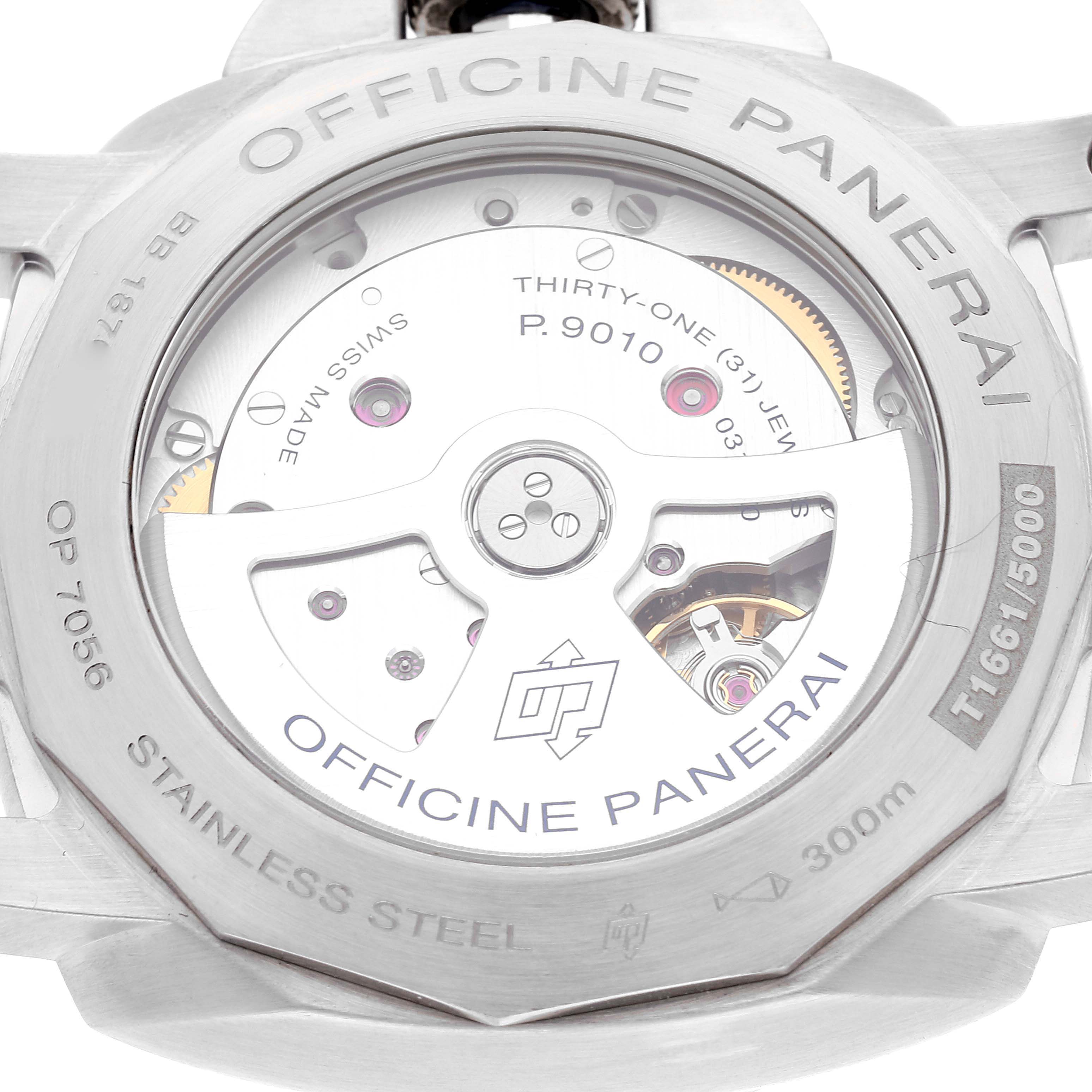 The image shows the back of a Panerai Luminor PAM01312 Men's Stainless Steel Black Dial PAM01312 Men's Stainless Steel Black Dial watch, displaying its transparent case back and intricate movement inside.