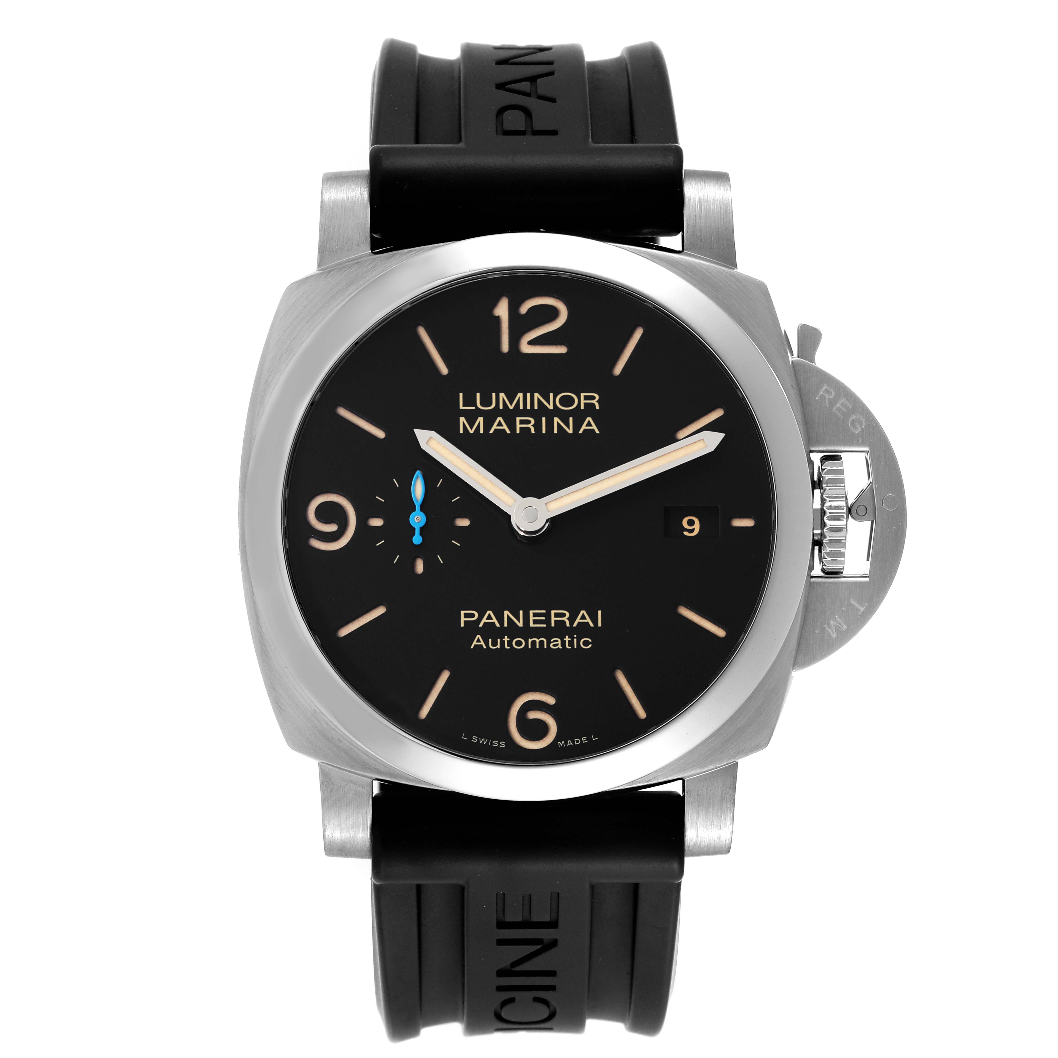 The image shows a front view of a Panerai Luminor PAM01312 Men's Stainless Steel Black Dial PAM01312 Men's Stainless Steel Black Dial Marina watch with visible dial, hands, crown, and strap.