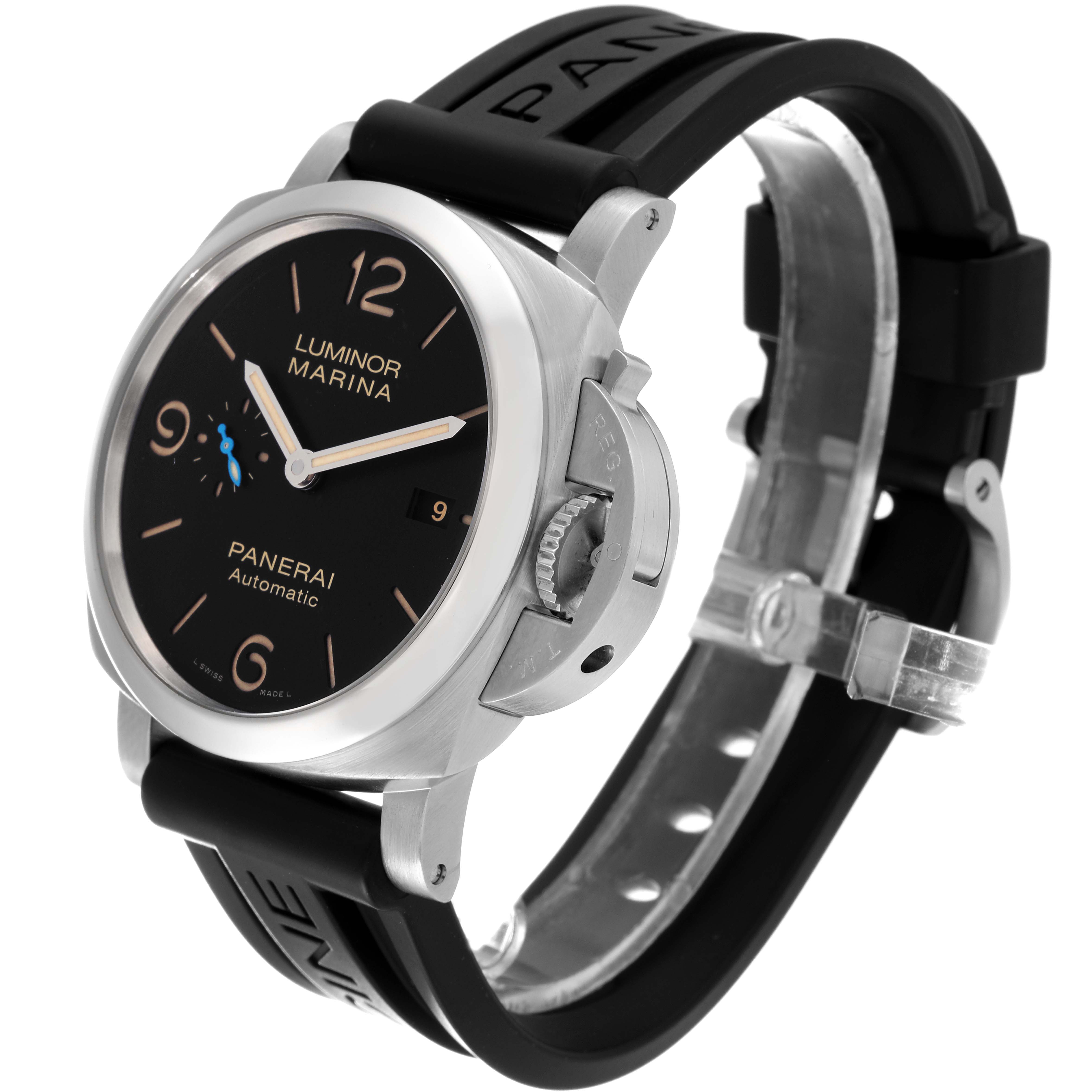 The image shows a Panerai Luminor PAM01312 Men's Stainless Steel Black Dial PAM01312 Men's Stainless Steel Black Dial Marina watch from a front-side angle, highlighting its dial, case, crown, and rubber strap.