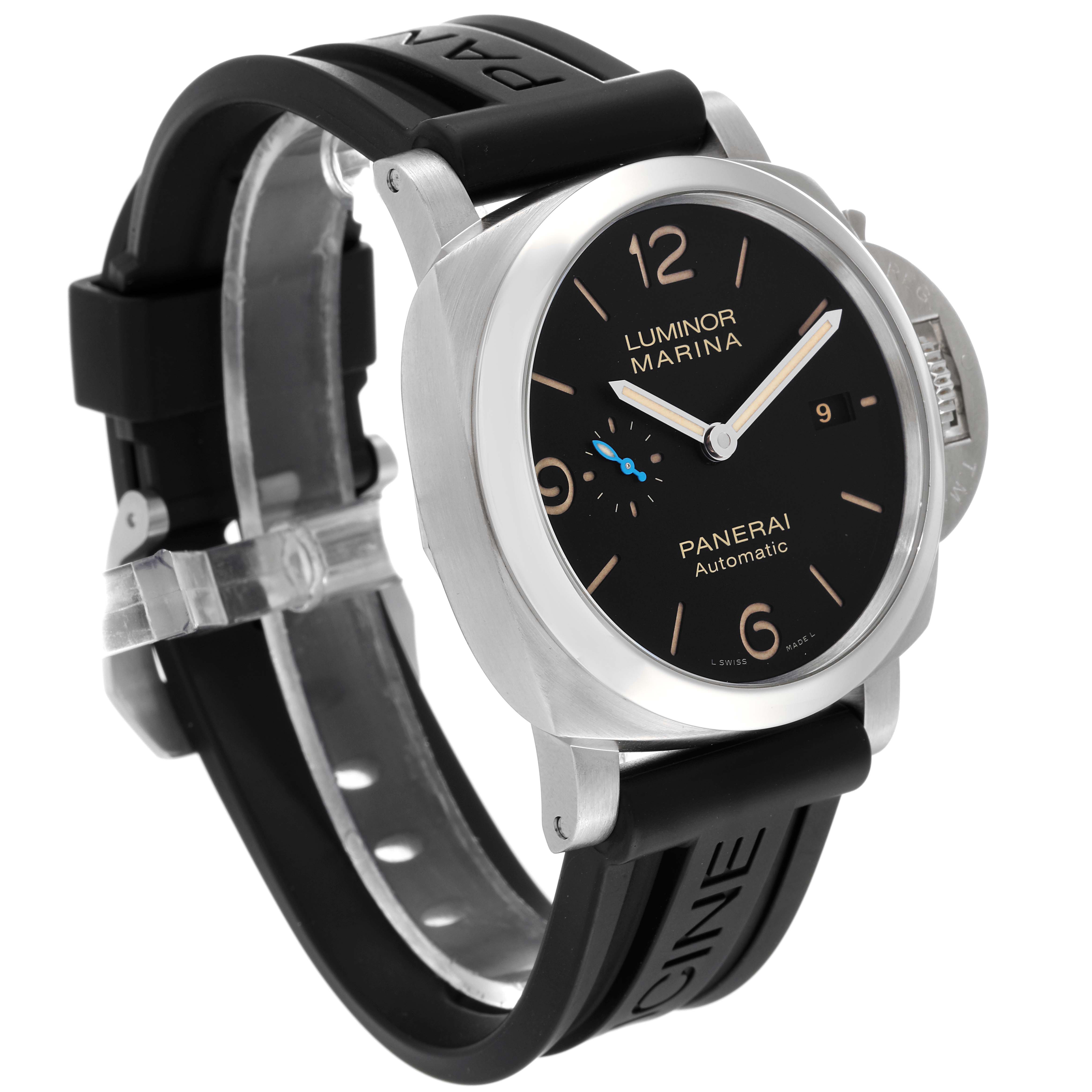 The image shows a Panerai Luminor PAM01312 Men's Stainless Steel Black Dial PAM01312 Men's Stainless Steel Black Dial Marina watch at a three-quarter angle, highlighting its black dial, rubber strap, and crown guard.