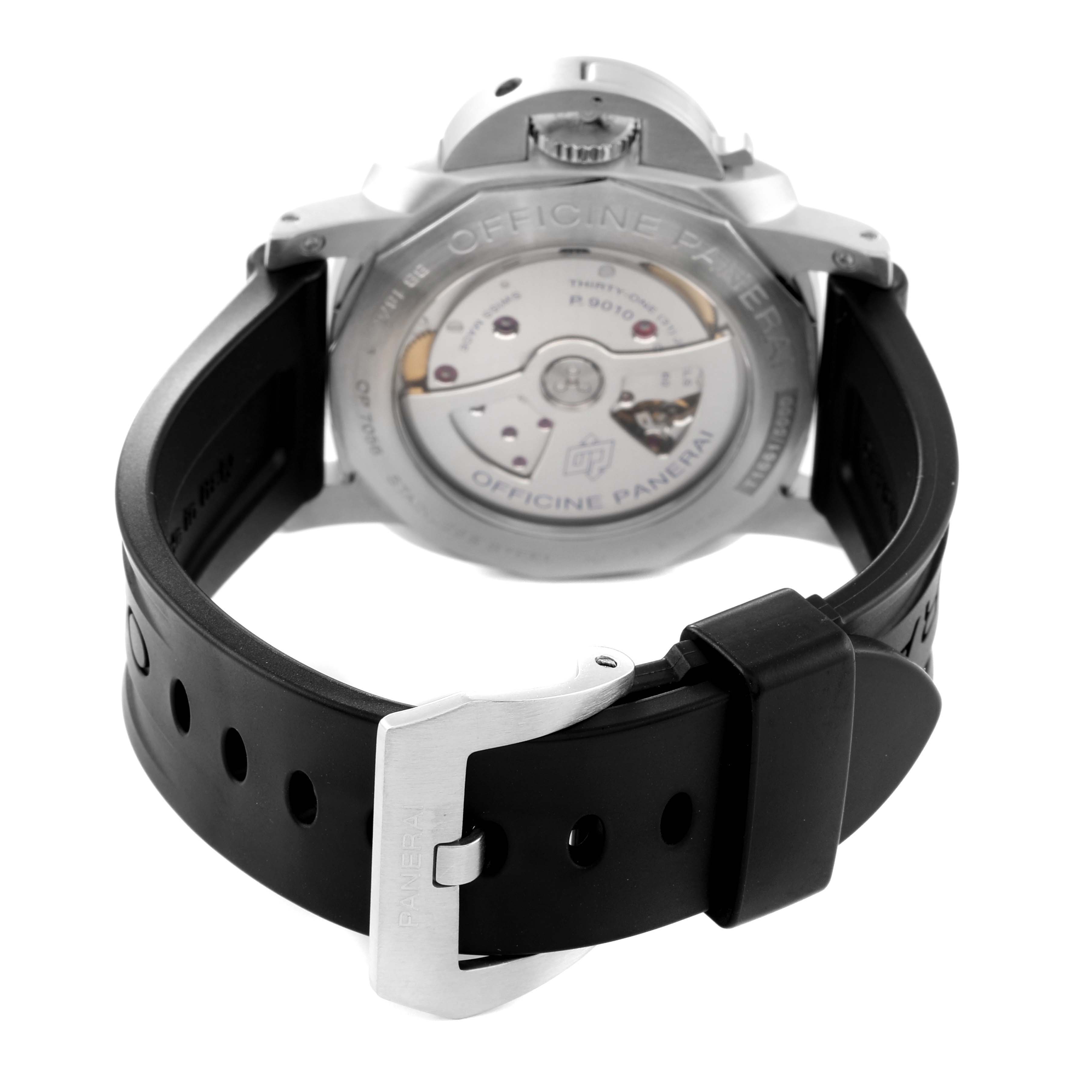 The image shows the back of a Panerai Luminor PAM01312 Men's Stainless Steel Black Dial PAM01312 Men's Stainless Steel Black Dial watch, highlighting the movement and the rubber strap with its buckle.