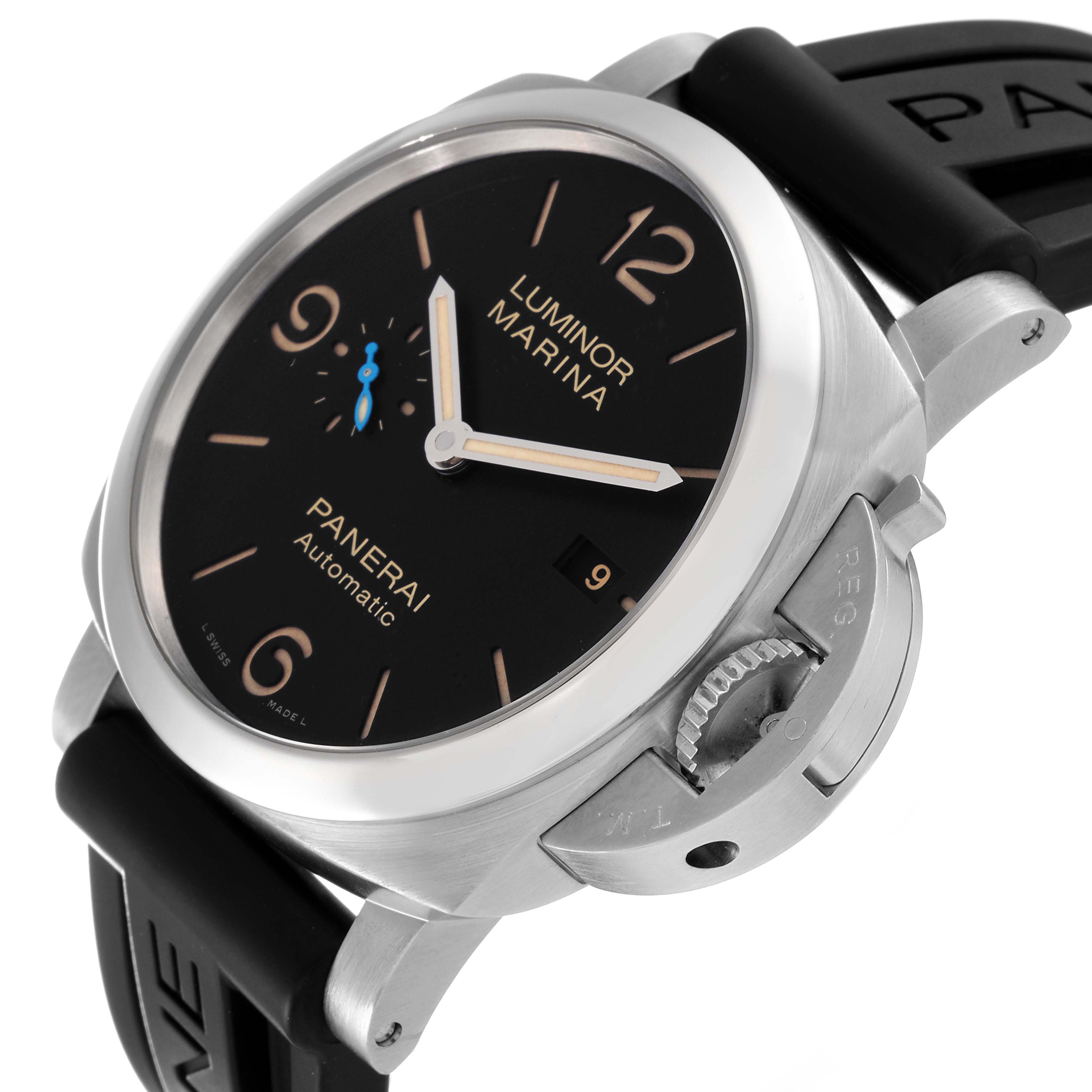 The Panerai Luminor PAM01312 Men's Stainless Steel Black Dial PAM01312 Men's Stainless Steel Black Dial watch is shown at an angle highlighting its black dial, crown guard, and rubber strap.