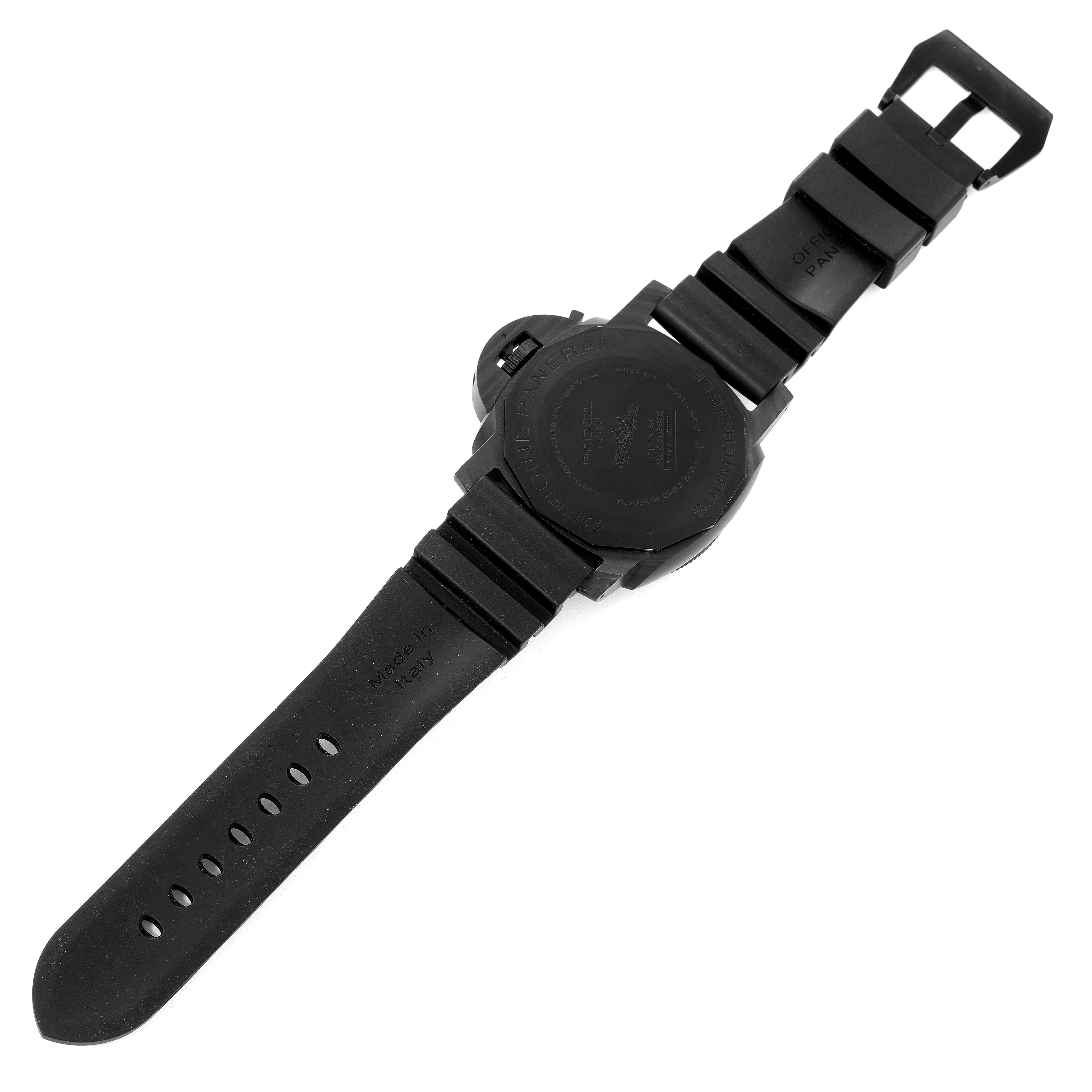 The image shows the back and strap of a Panerai Submersible PAM01616 Men's Ceramic Black Dial PAM01616 Men's Ceramic Black Dial watch.