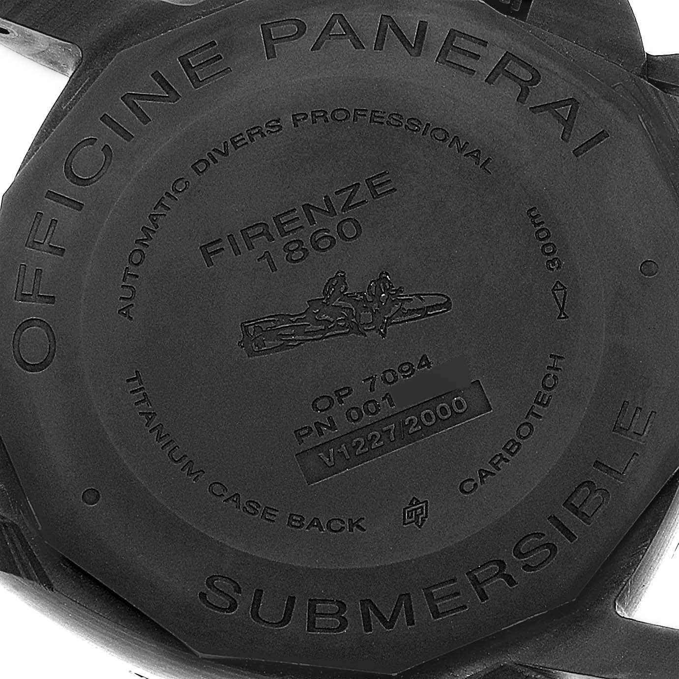 The image shows the back of a Panerai Submersible PAM01616 Men's Ceramic Black Dial PAM01616 Men's Ceramic Black Dial watch, featuring engravings and details about the model.