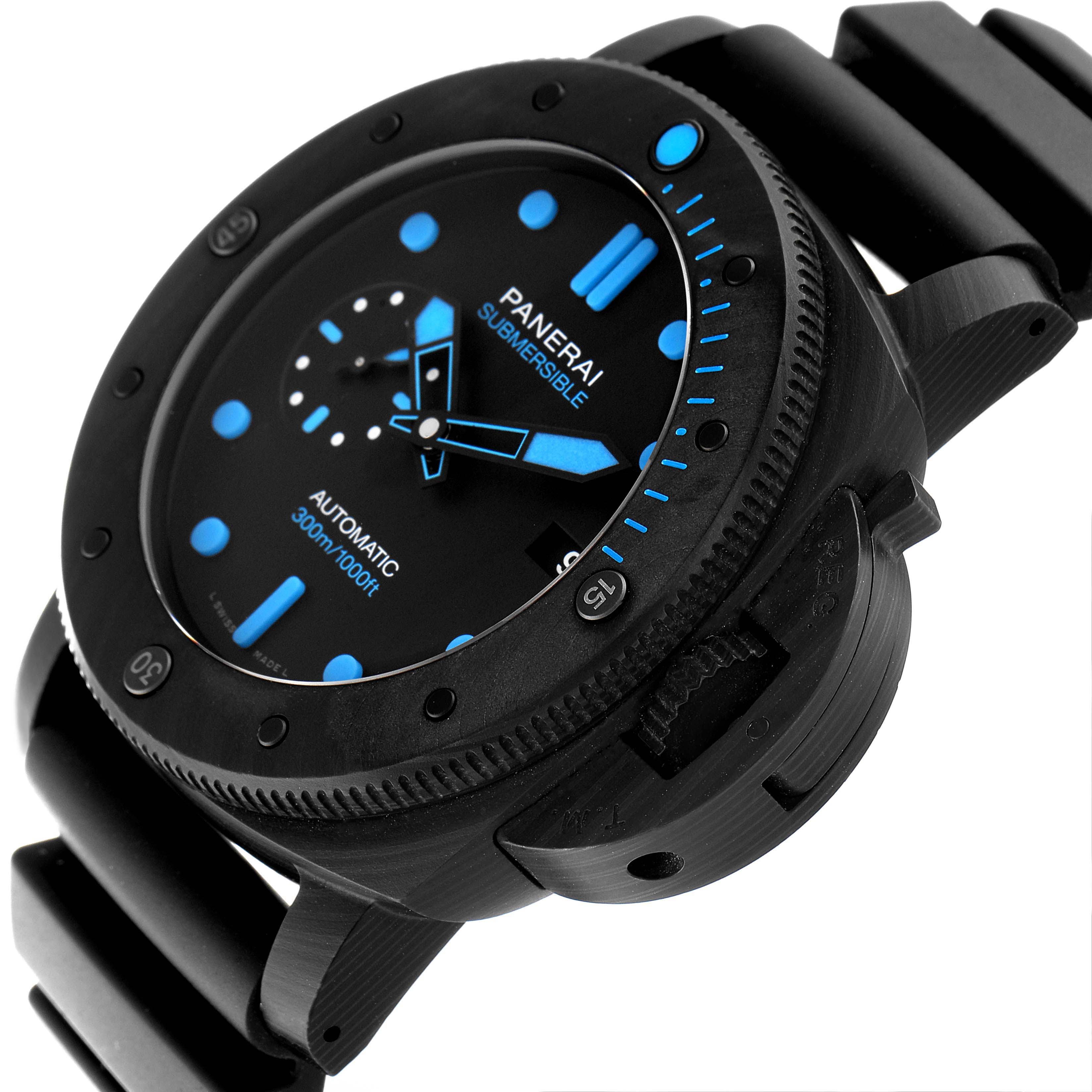 This is an angled close-up of the Panerai Submersible PAM01616 Men's Ceramic Black Dial PAM01616 Men's Ceramic Black Dial watch, showing the face, bezel, and part of the strap.