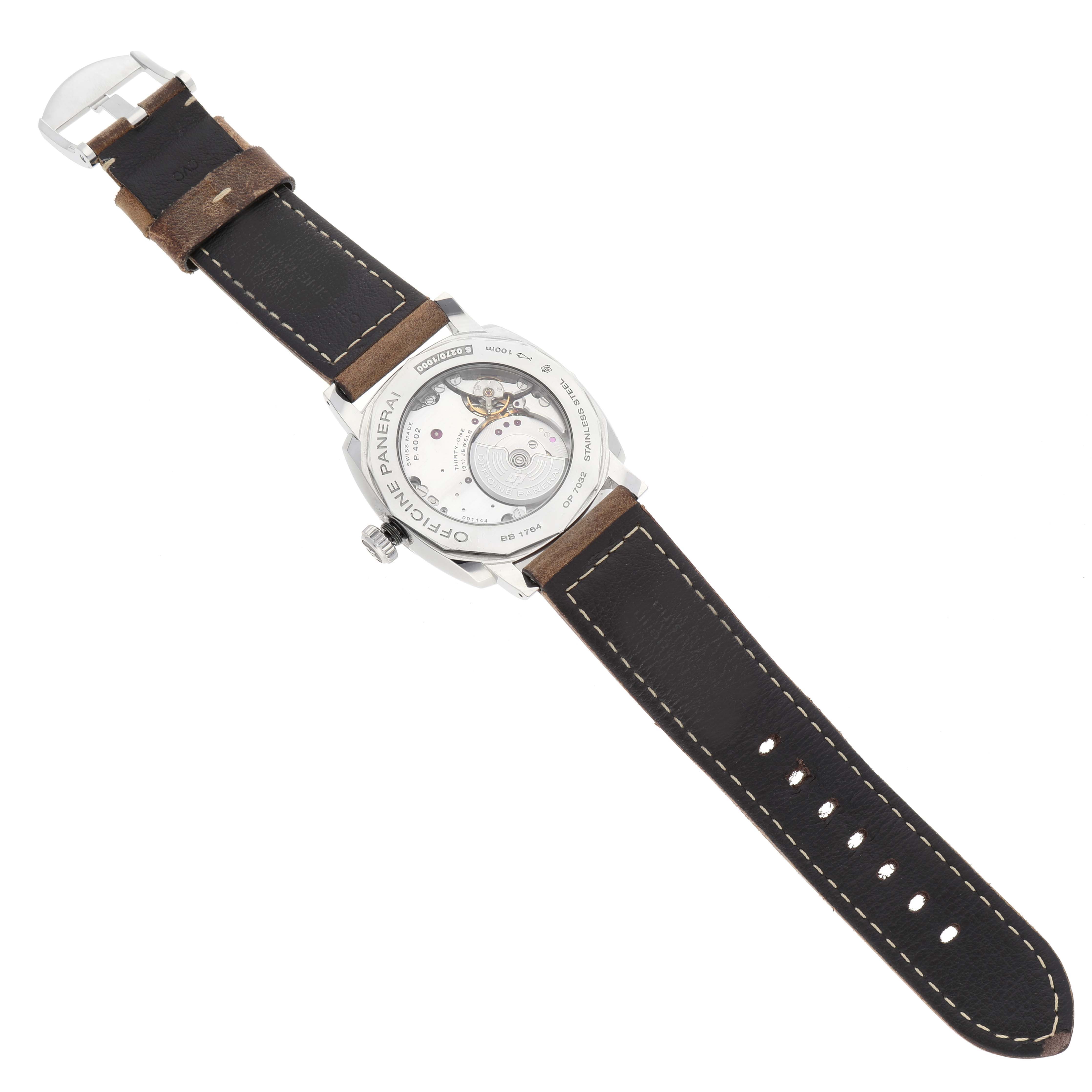 The image shows the back view of a Panerai Radiomir PAM00658 Men's Stainless Steel Black Dial PAM00658 Men's Stainless Steel Black Dial watch, displaying its movement and leather strap.