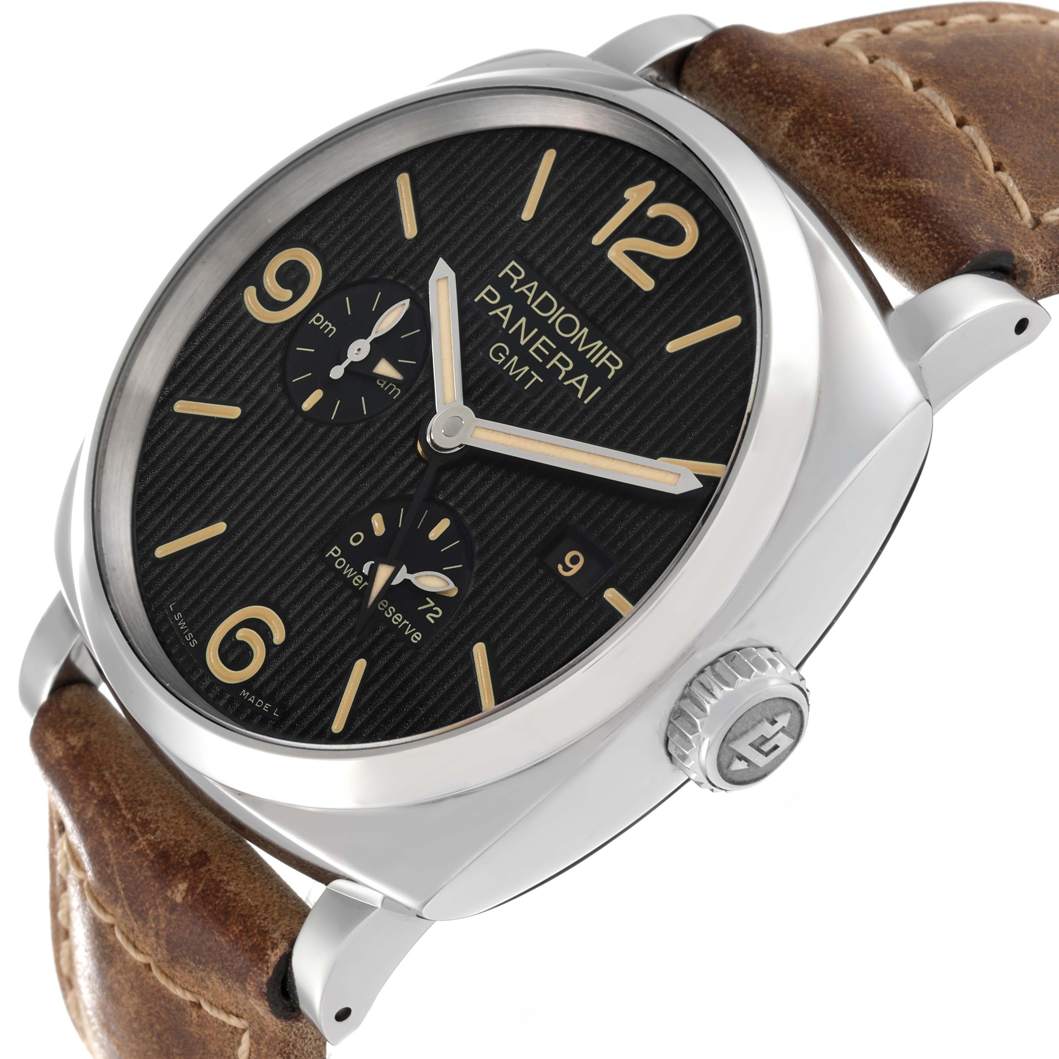 This image shows a close-up side angle of a Panerai Radiomir PAM00658 Men's Stainless Steel Black Dial PAM00658 Men's Stainless Steel Black Dial watch, highlighting the dial, bezel, crown, and leather strap.