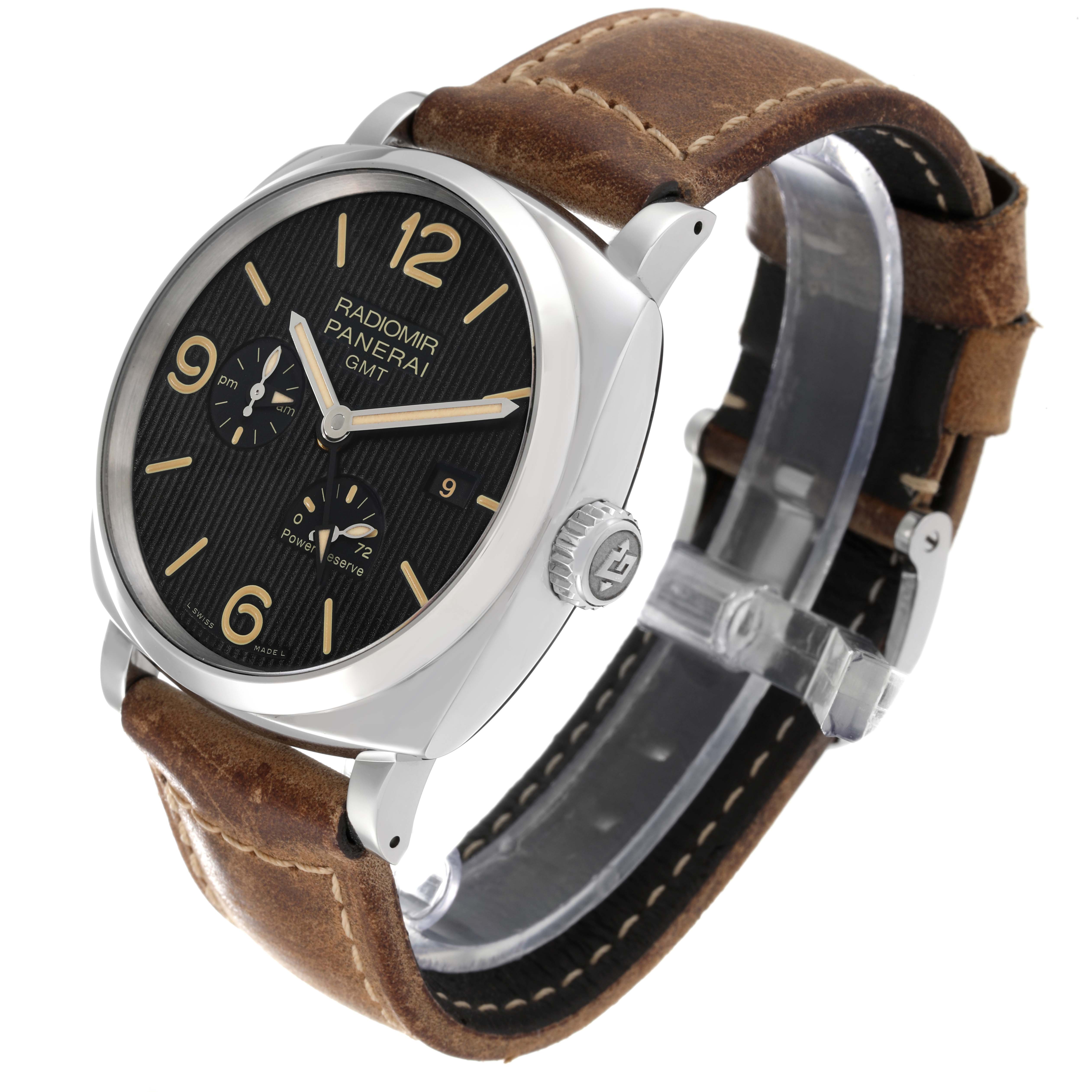 The image shows a Panerai Radiomir PAM00658 Men's Stainless Steel Black Dial PAM00658 Men's Stainless Steel Black Dial watch at a three-quarter angle, highlighting the face, crown, and leather strap.