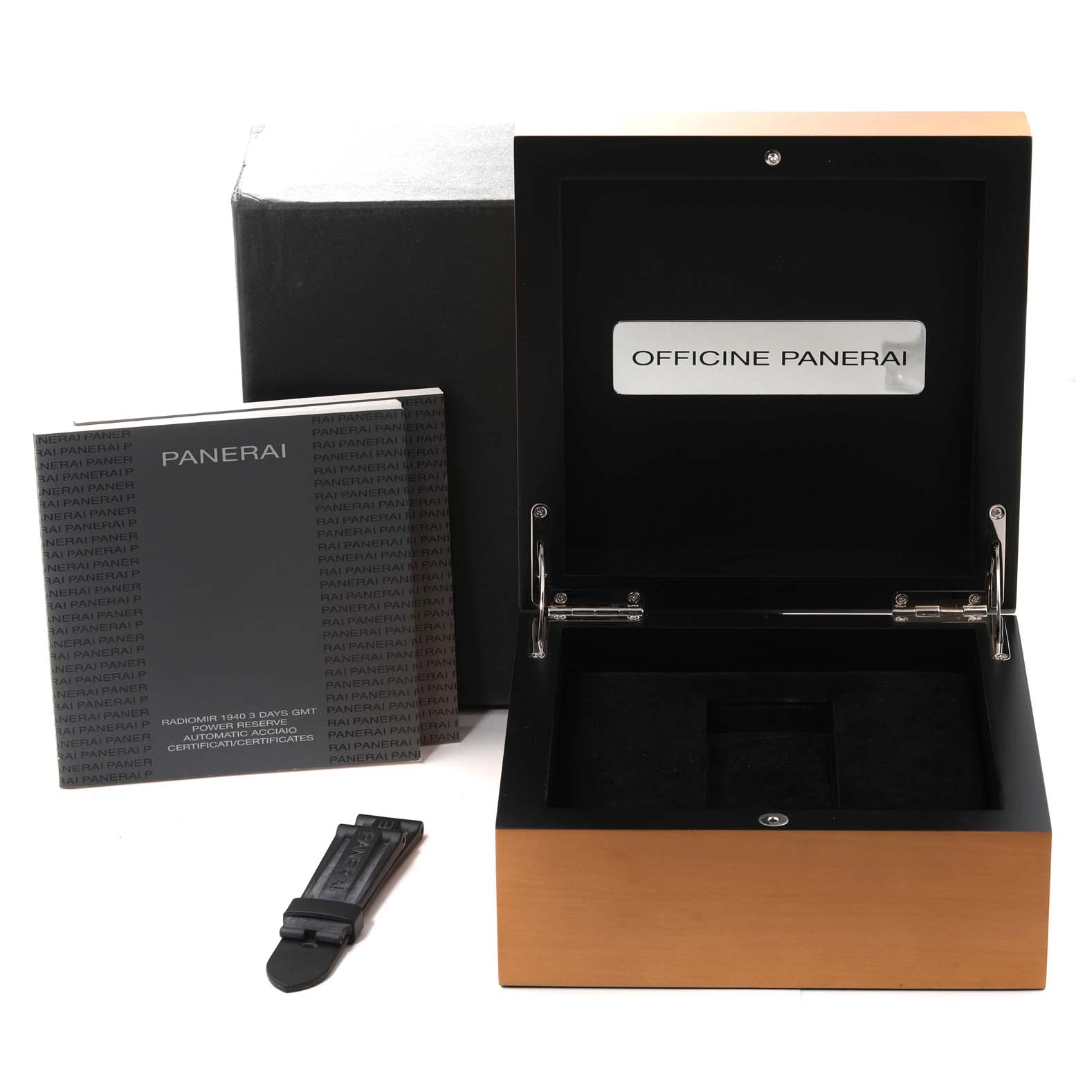 The image shows a Panerai Radiomir PAM00658 Men's Stainless Steel Black Dial PAM00658 Men's Stainless Steel Black Dial watch box, booklet, and an extra strap from a front angle.