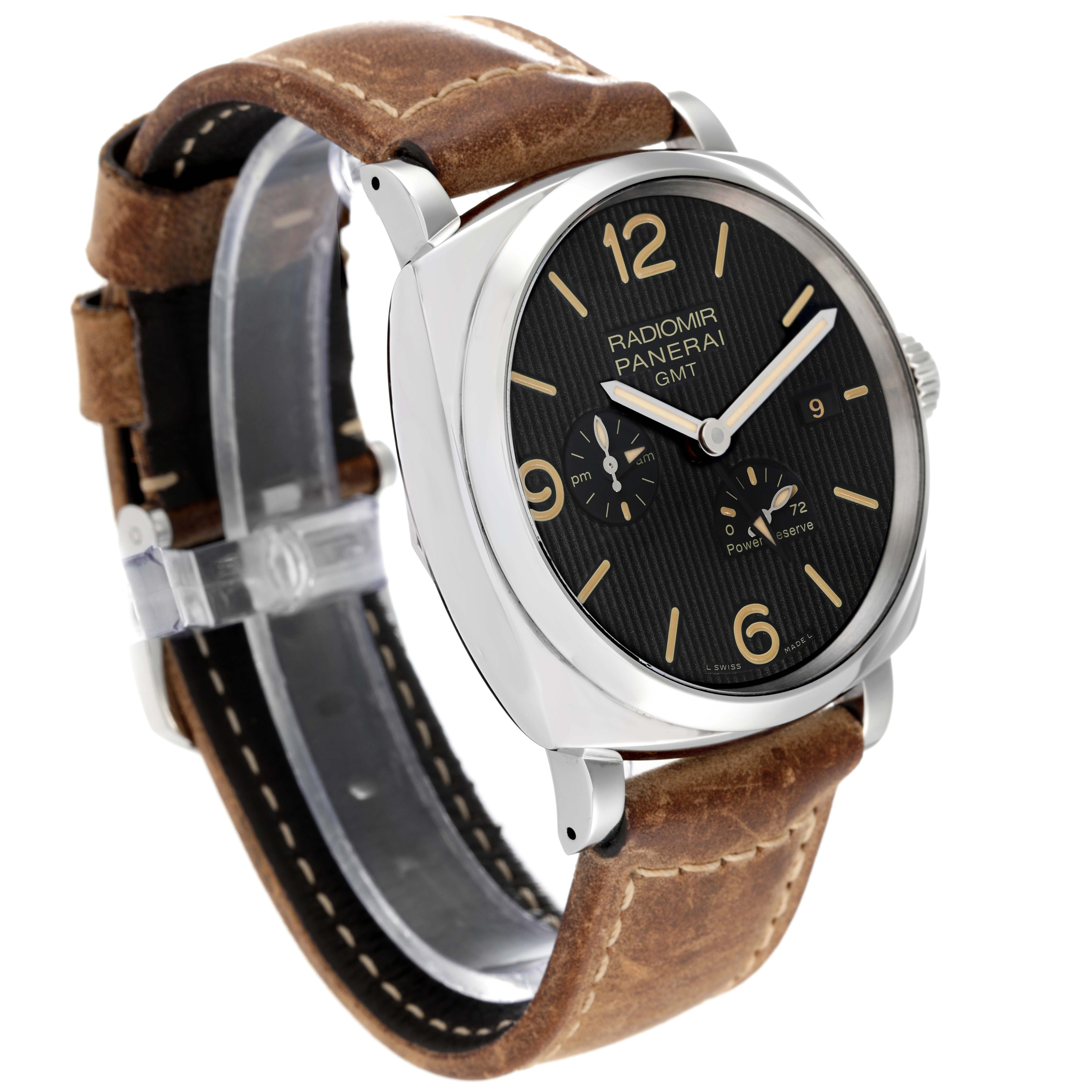 The Panerai Radiomir PAM00658 Men's Stainless Steel Black Dial PAM00658 Men's Stainless Steel Black Dial watch is shown at a three-quarter angle, highlighting the dial, case, crown, and leather strap.