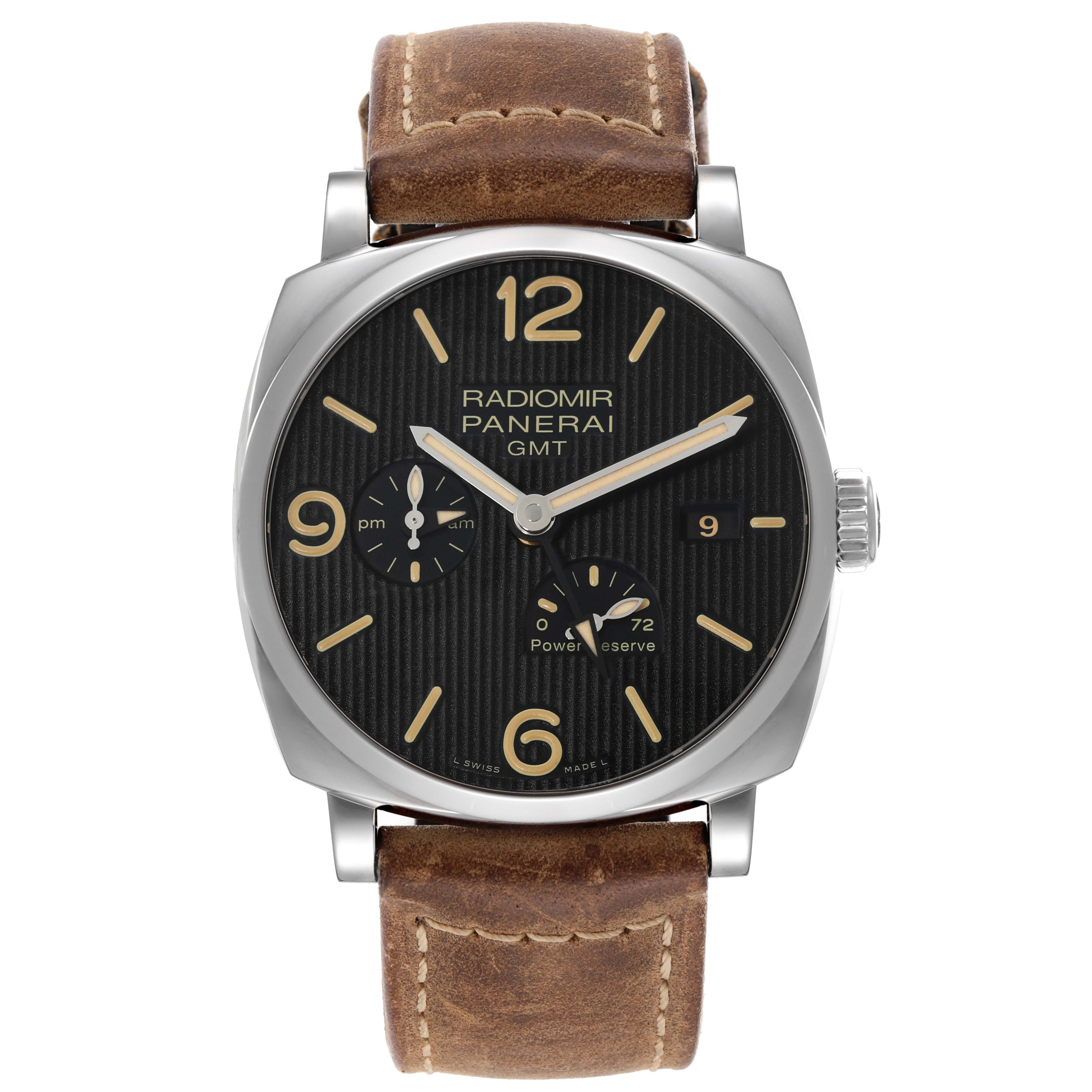This image shows a front view of a Panerai Radiomir PAM00658 Men's Stainless Steel Black Dial PAM00658 Men's Stainless Steel Black Dial GMT watch with a brown leather strap.