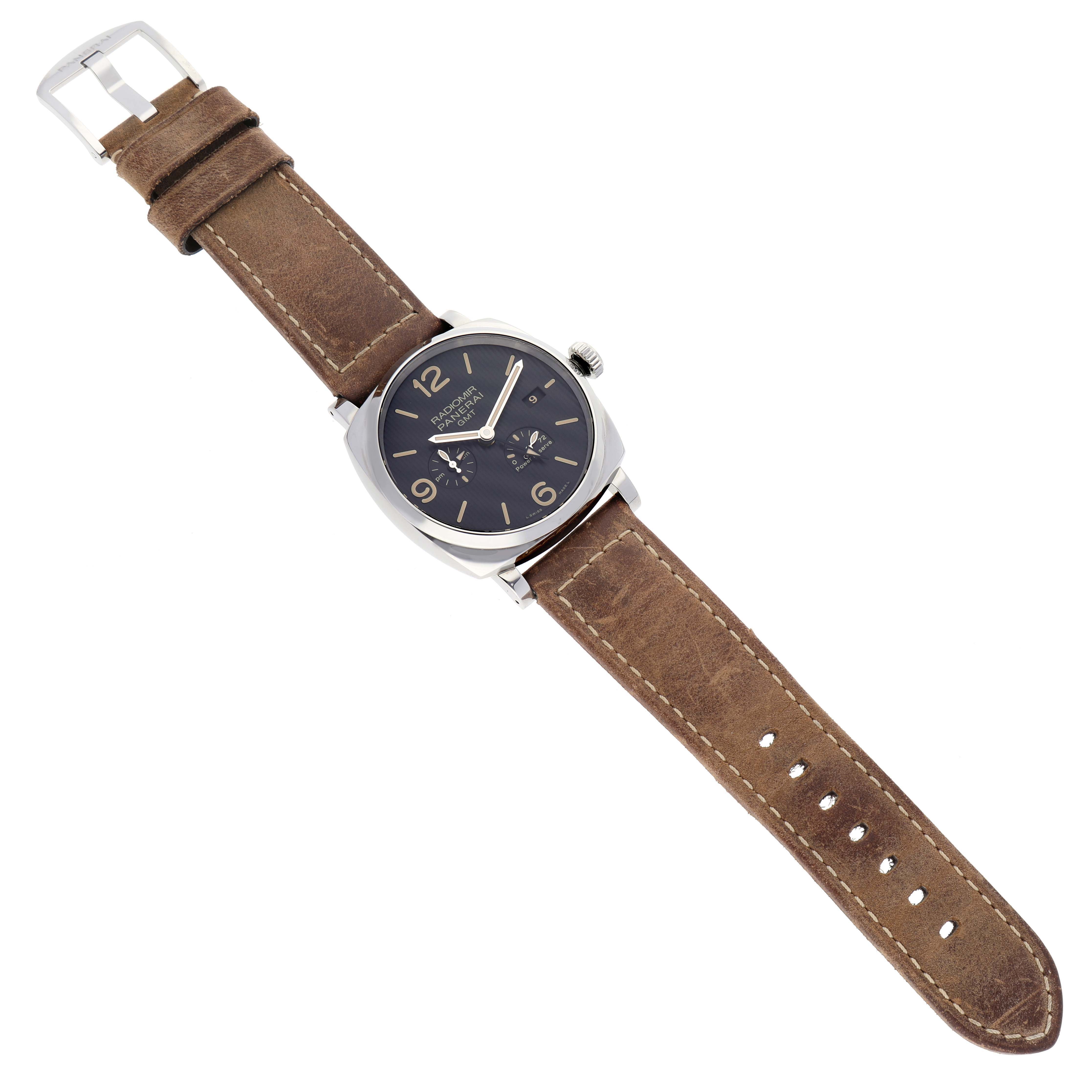 The image shows a top-down view of a Panerai Radiomir PAM00658 Men's Stainless Steel Black Dial PAM00658 Men's Stainless Steel Black Dial watch with a brown leather strap and black dial.