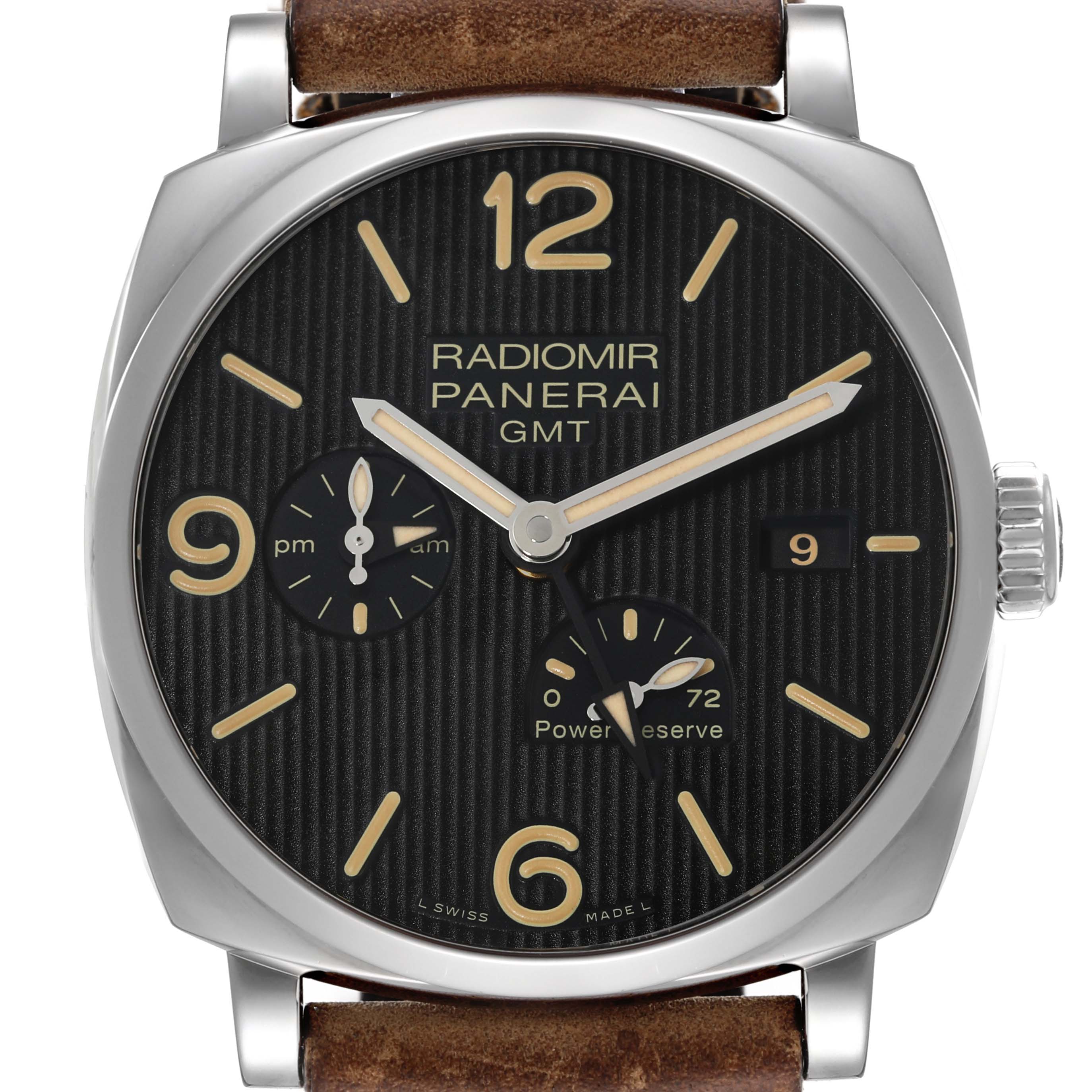 This close-up image shows the front view of a Panerai Radiomir PAM00658 Men's Stainless Steel Black Dial PAM00658 Men's Stainless Steel Black Dial GMT watch face and part of the leather strap.