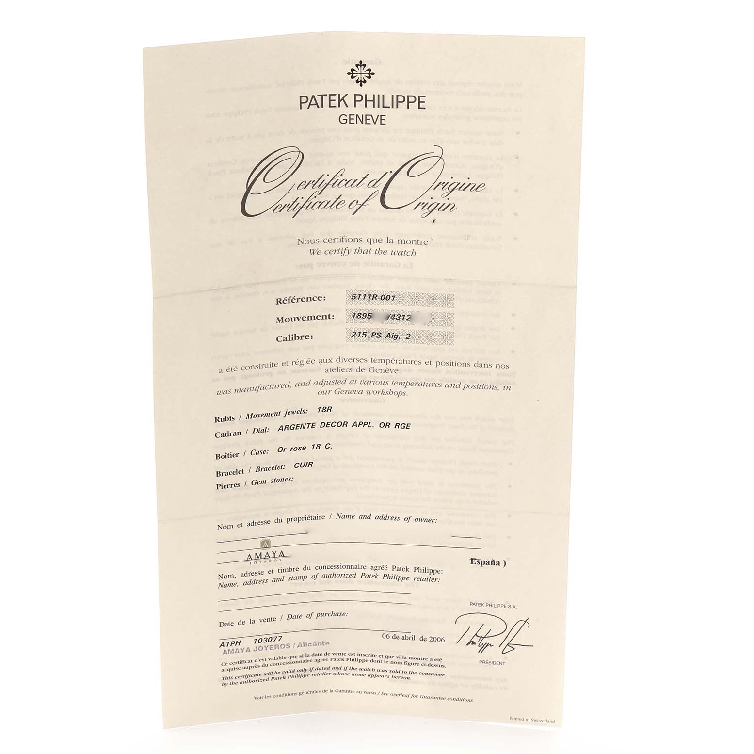 This image shows a Patek Philippe Gondolo 5111R-001 Men's Rose Gold Silver Dial 5111R-001 Men's Rose Gold Silver Dial model certificate, displaying details about the watch's origin and specifications.