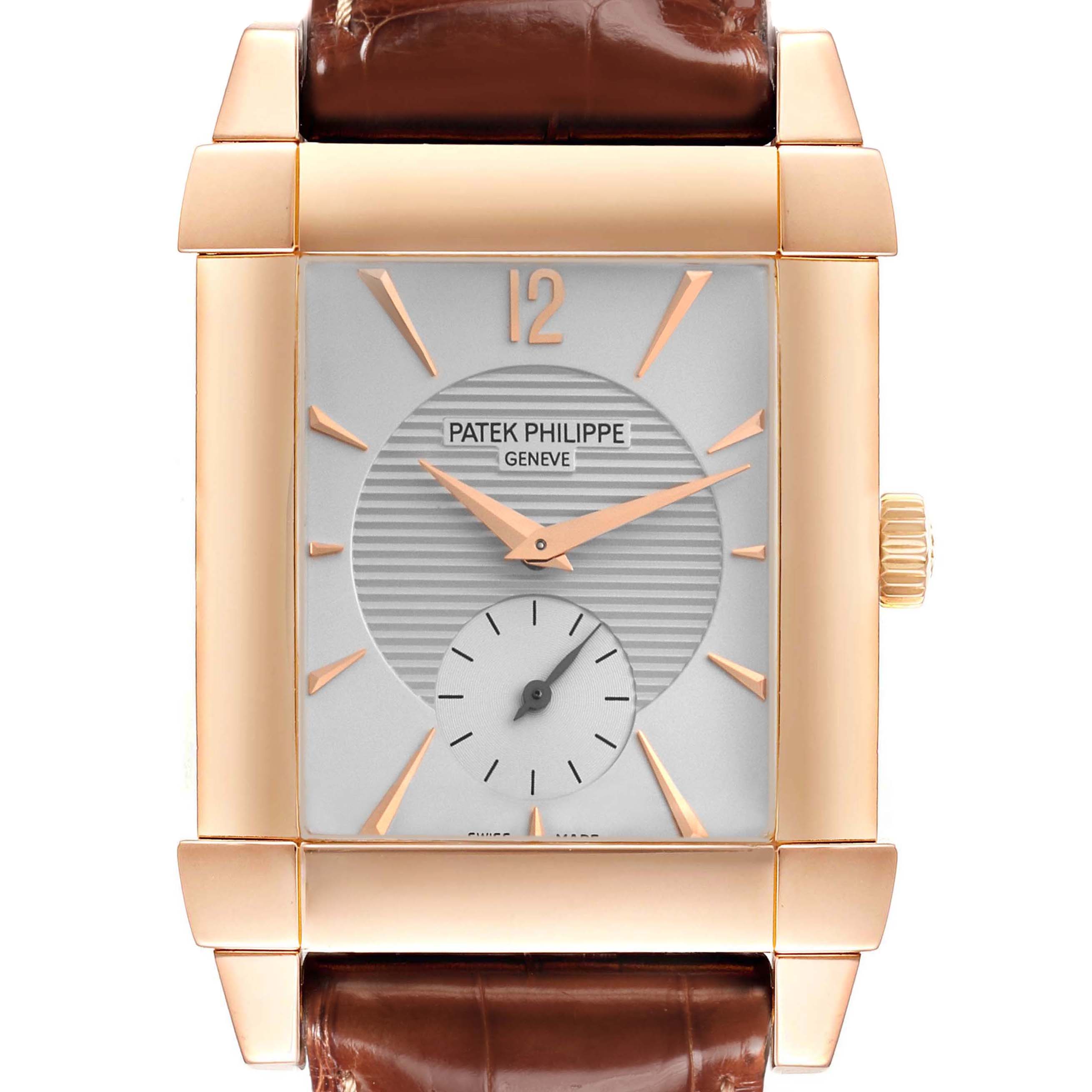 The image shows a front view of the Patek Philippe Gondolo 5111R-001 Men's Rose Gold Silver Dial watch, highlighting its square dial, hands, and crown.