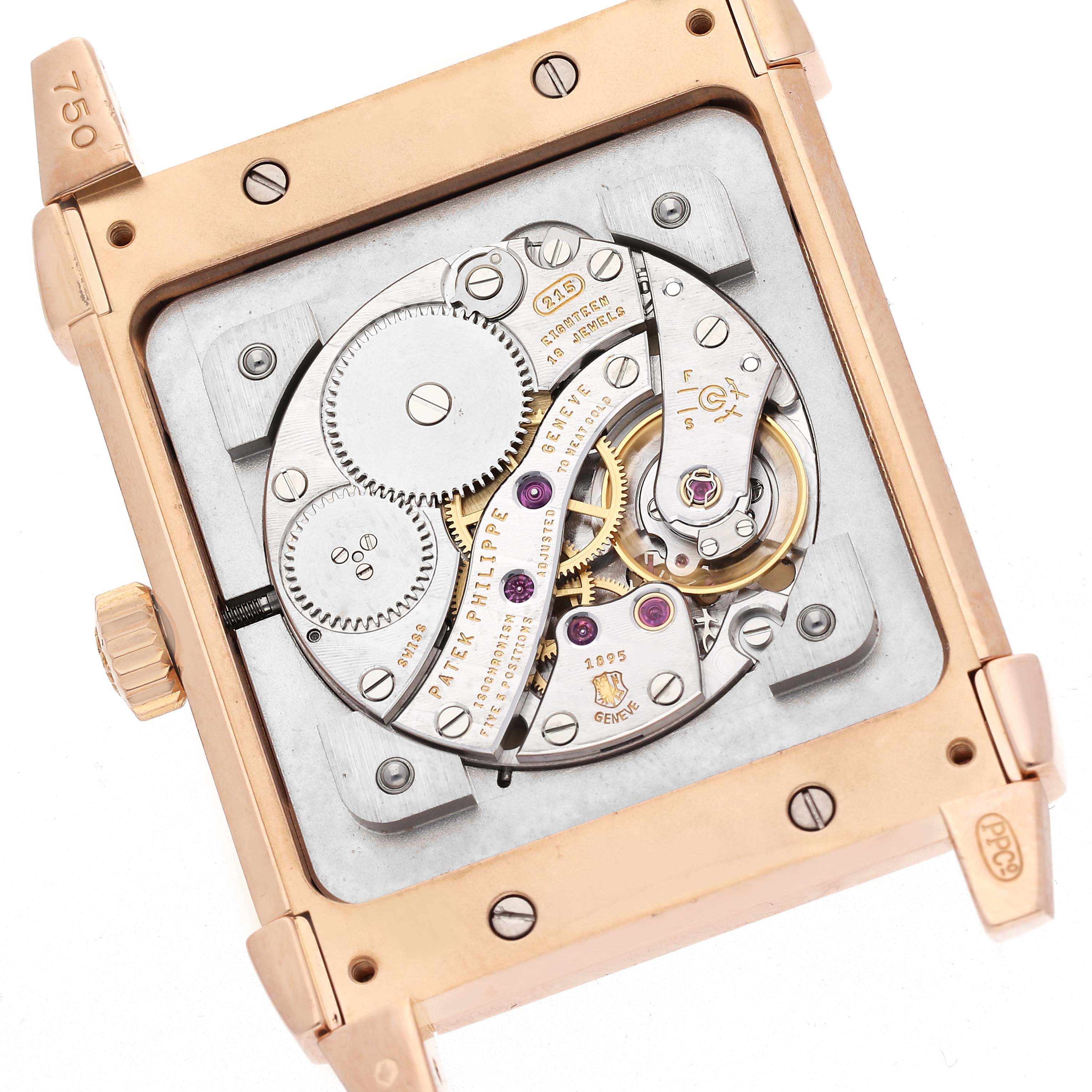 The image shows the back of the Patek Philippe Gondolo 5111R-001 Men's Rose Gold Silver Dial 5111R-001 Men's Rose Gold Silver Dial watch, highlighting its intricate mechanical movement.