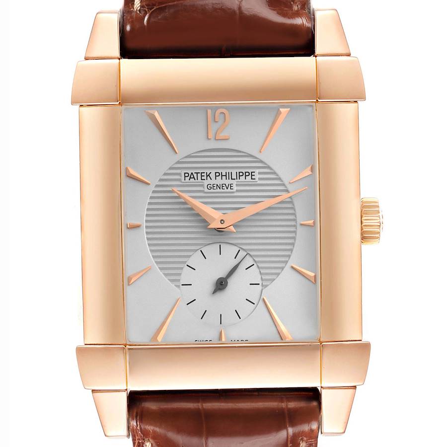 The Patek Philippe Gondolo model is shown from a front angle, displaying the dial, hands, crown, and leather strap.