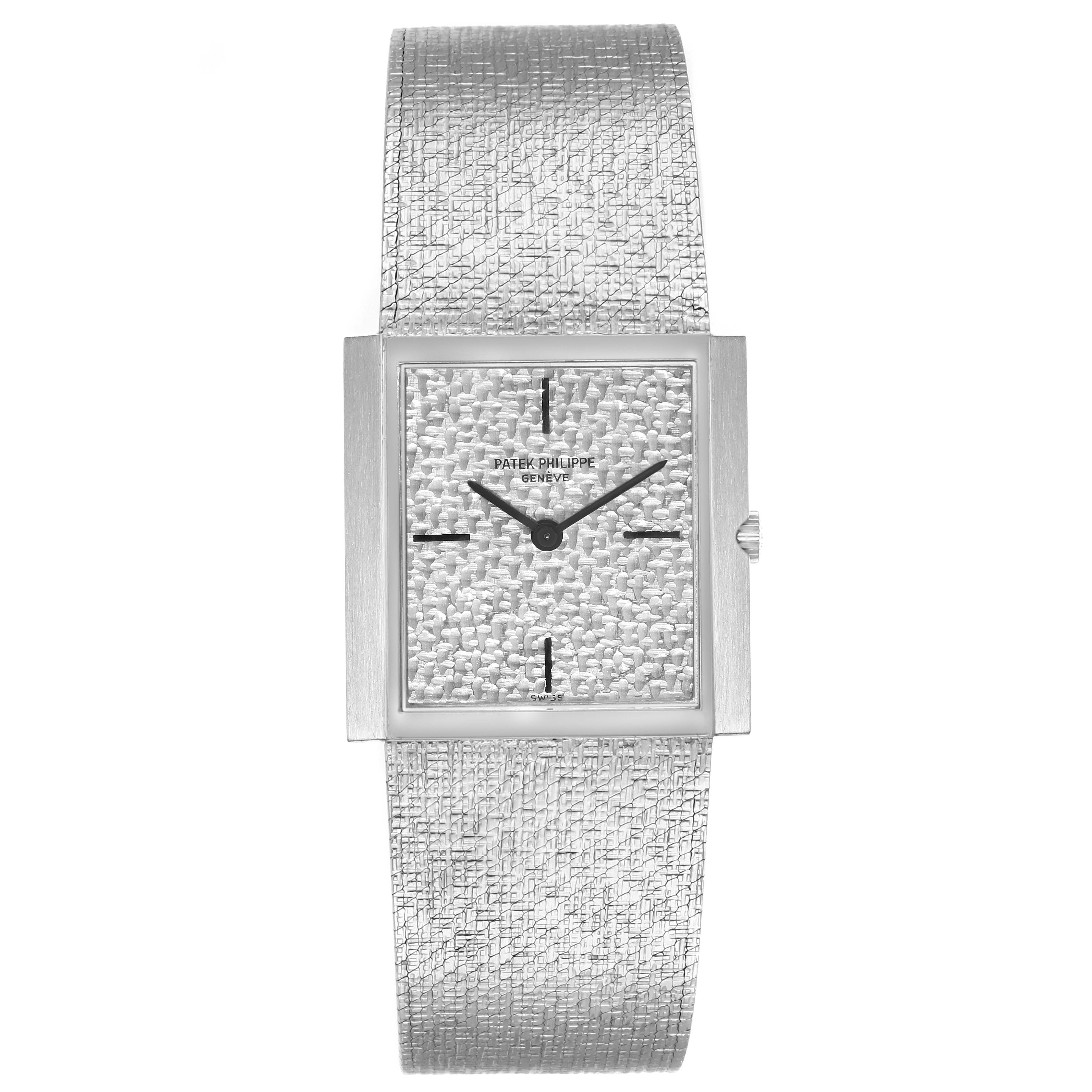 The image shows a front view of a Patek Philippe Vintage 3491/3 Women
s White Gold Silver Dial 3491/3 Women
s White Gold Silver Dial watch, highlighting its textured dial and matching strap.
