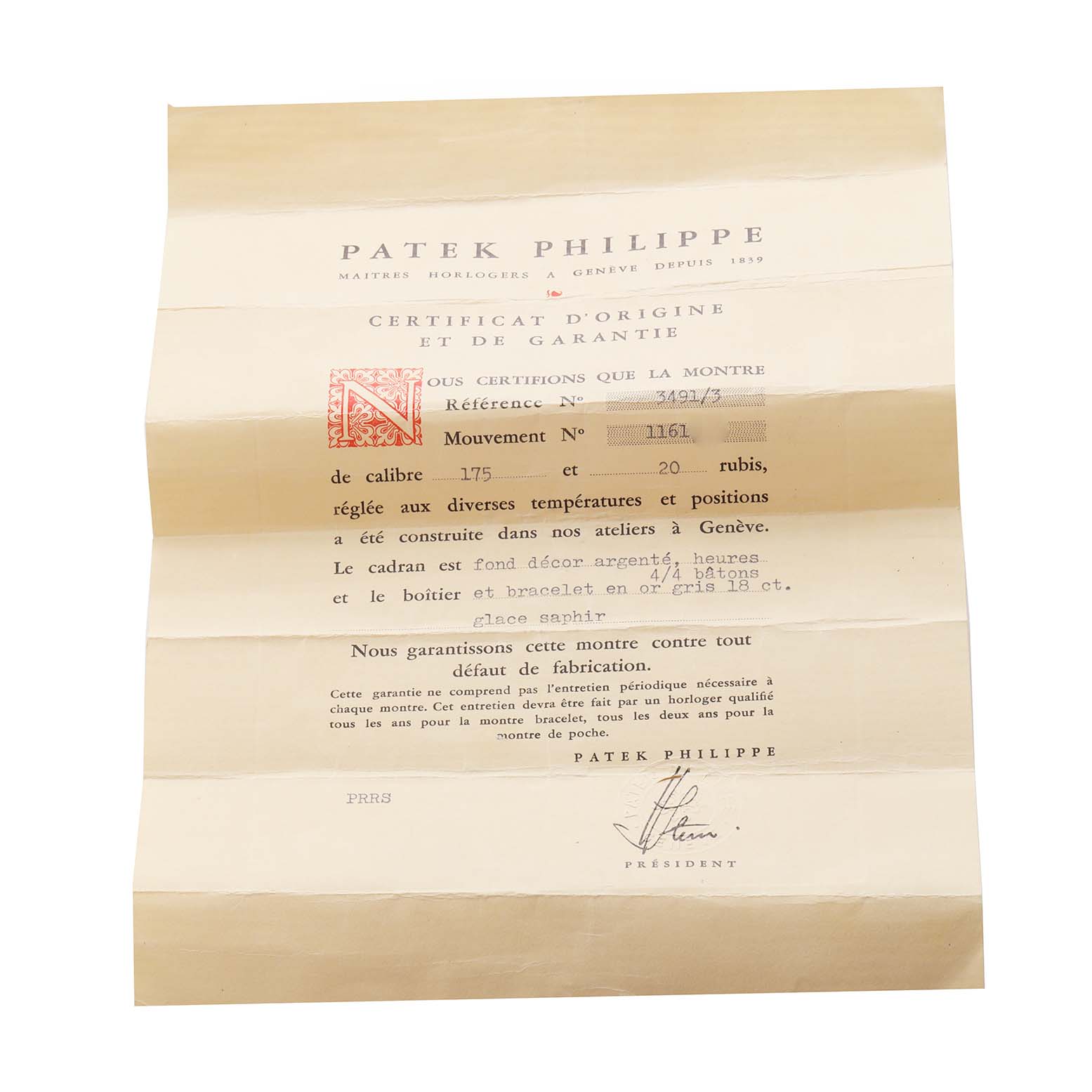 This image shows a vintage Patek Philippe certificate, detailing the watch model and movement specifications.