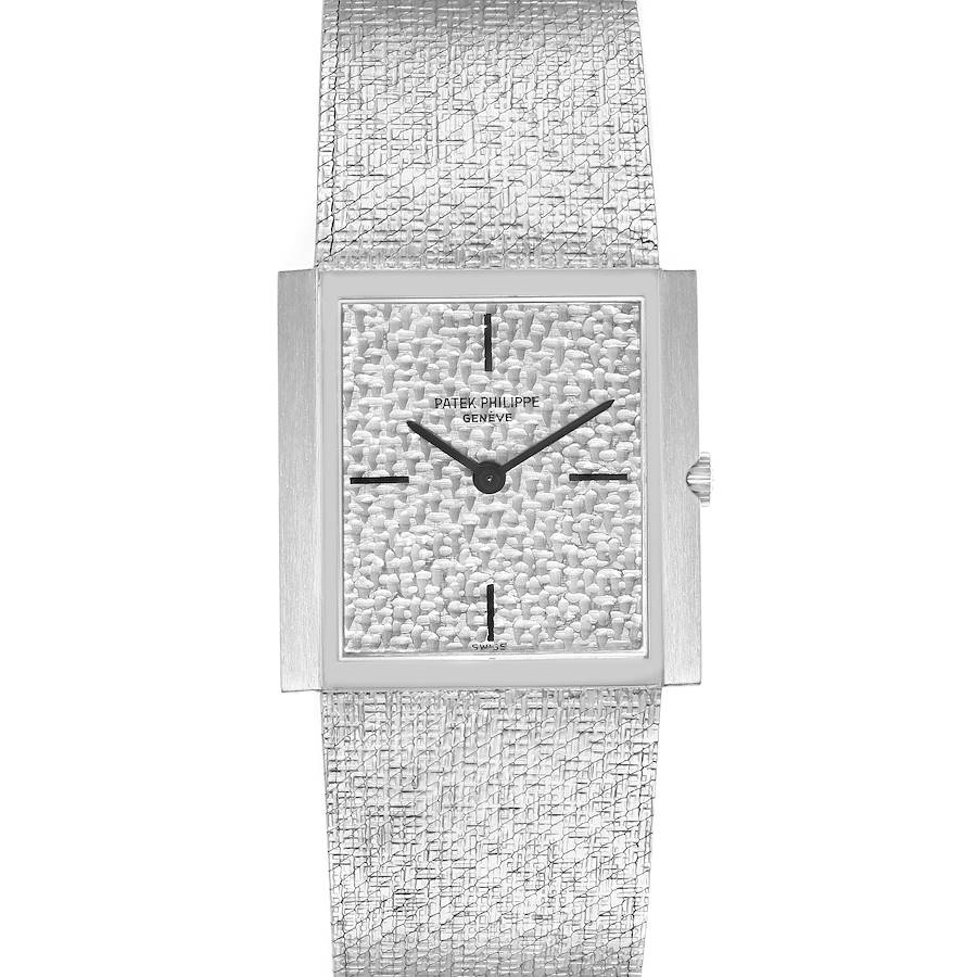 This image shows a frontal view of the Patek Philippe Vintage watch, featuring a textured dial, square case, and metallic strap.