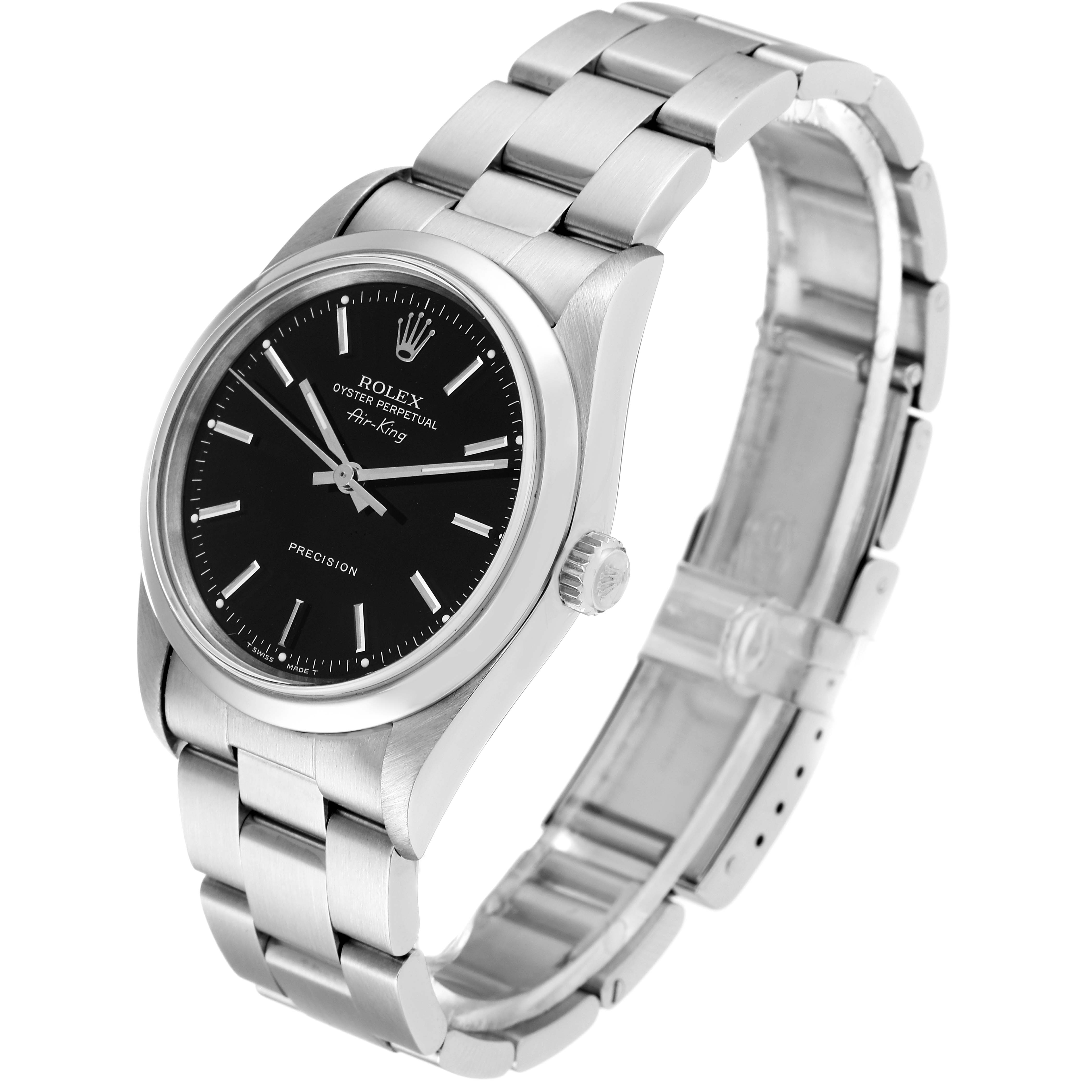 This image shows a side-top angle view of a Rolex Air-King 14000 Men's Stainless Steel Black Dial 14000 Men's Stainless Steel Black Dial watch displaying its face, bezel, case, crown, and bracelet.