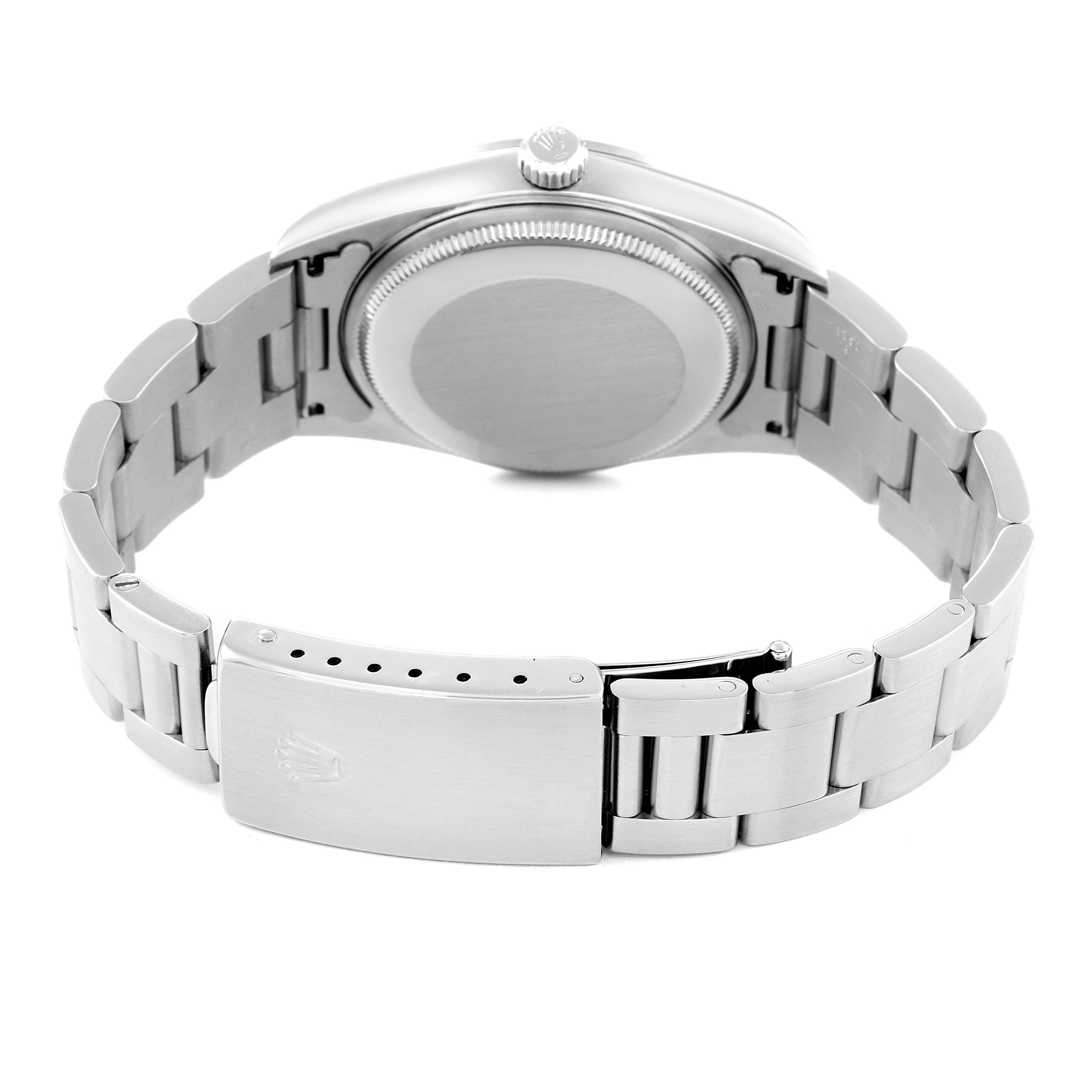 The image shows a Rolex Air-King 14000 Men's Stainless Steel Black Dial 14000 Men's Stainless Steel Black Dial watch from the rear, displaying its bracelet, clasp, case back, and crown.