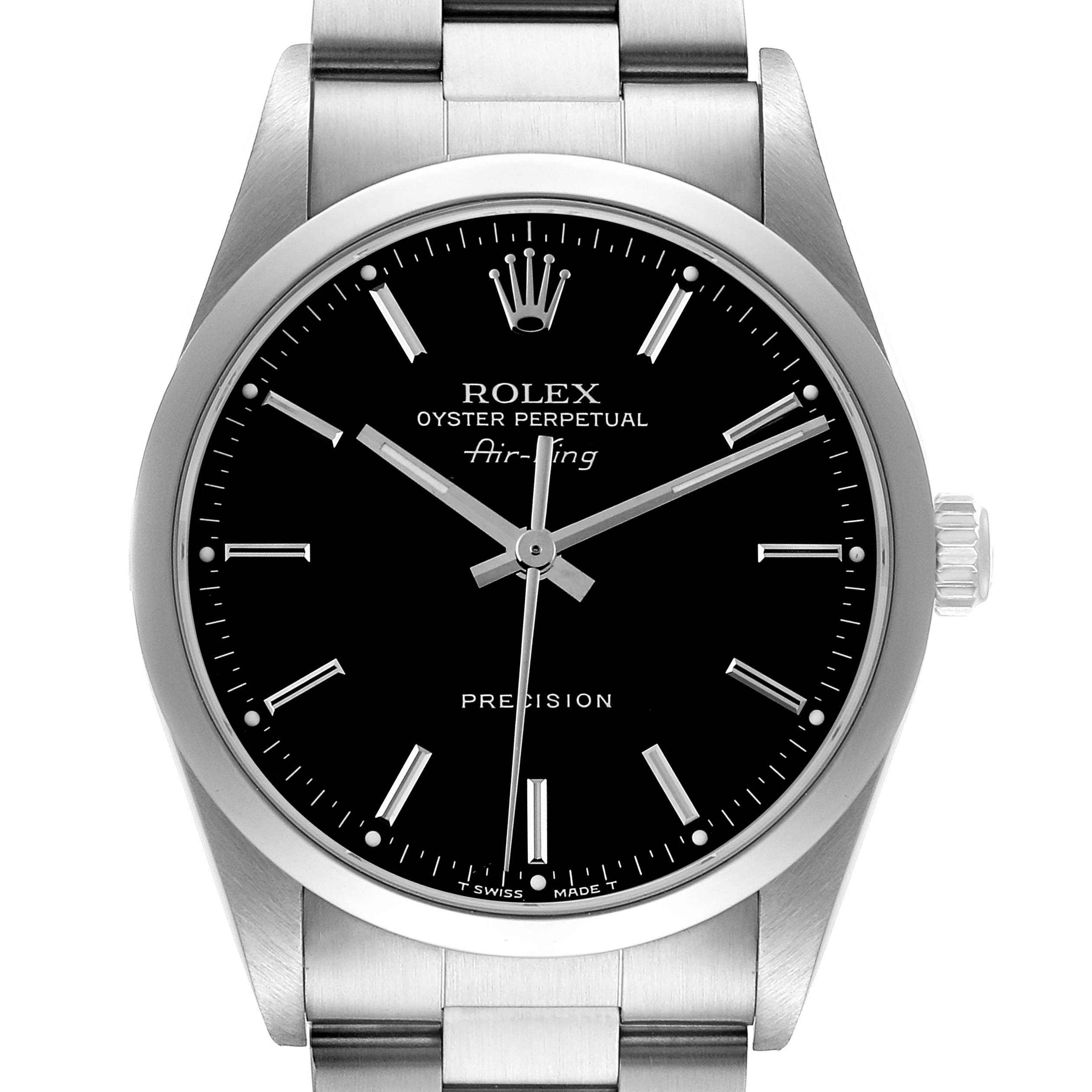 This image shows a front view of the Rolex Air-King 14000 Men's Stainless Steel Black Dial 14000 Men's Stainless Steel Black Dial, highlighting its dial, bezel, crown, and part of the bracelet.