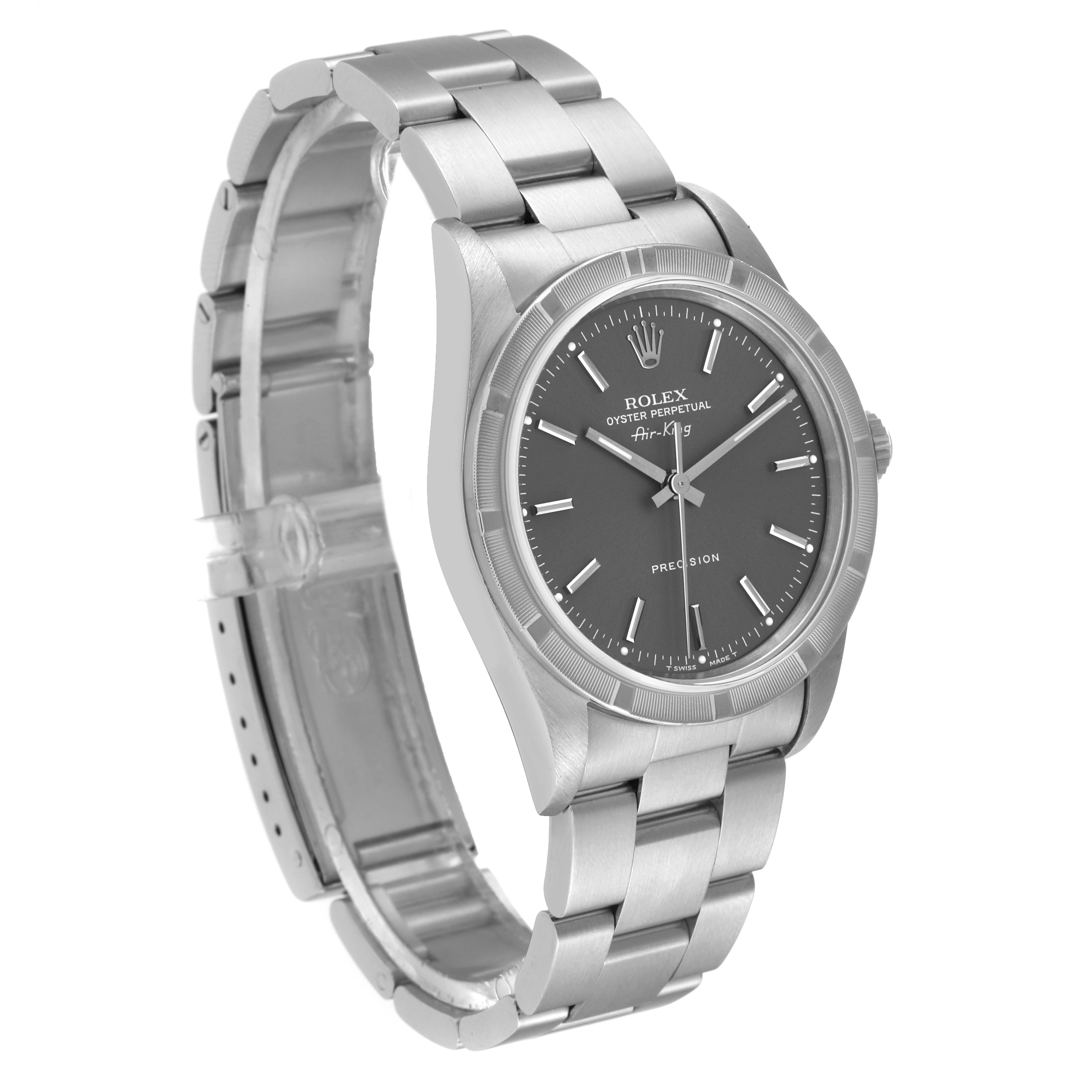 This Rolex Air-King 14010 Men's Stainless Steel Grey Dial 14010 Men's Stainless Steel Grey Dial watch is shown at a three-quarter angle, highlighting the dial, bezel, and bracelet.