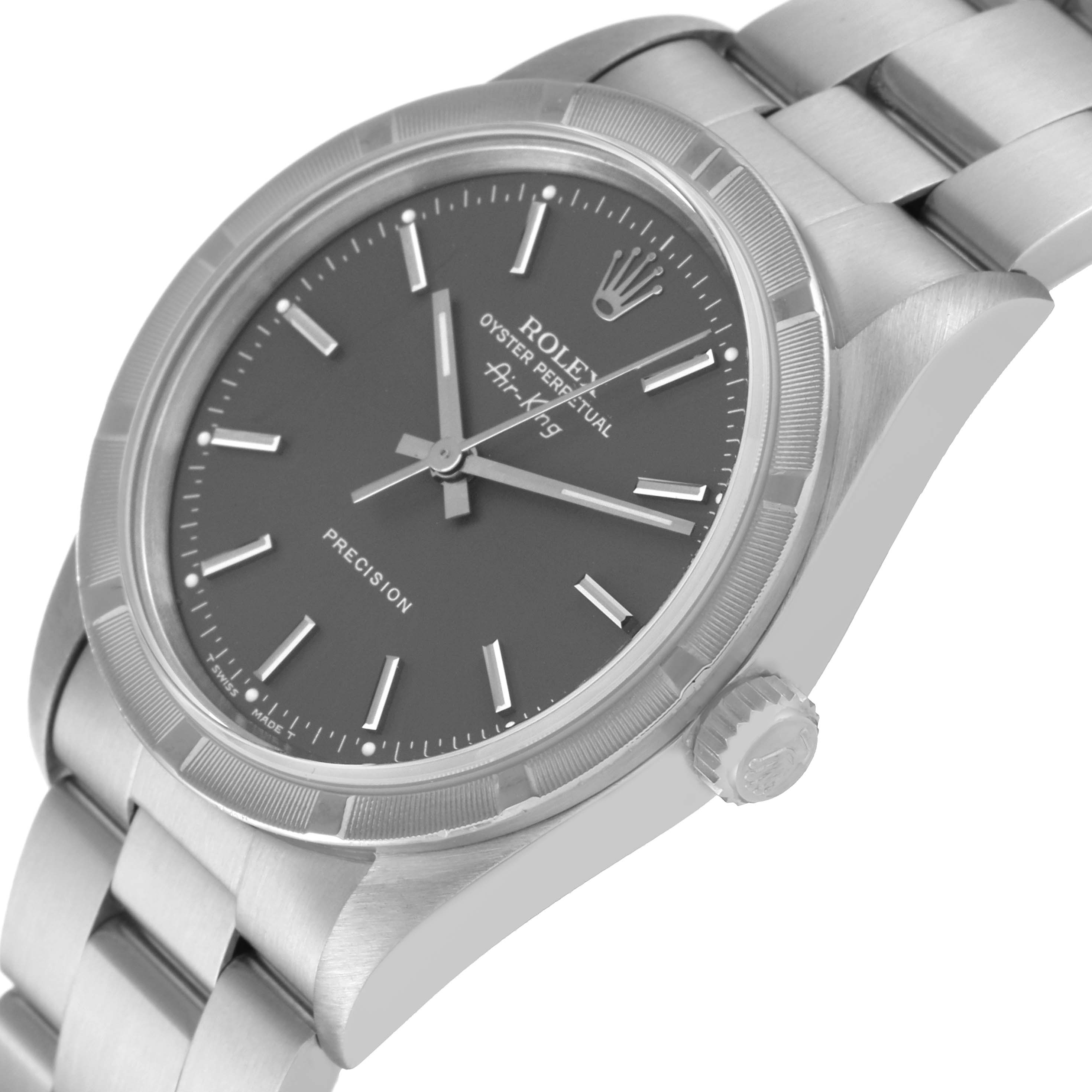 The image shows a close-up, angled view of the Rolex Air-King 14010 Men's Stainless Steel Grey Dial 14010 Men's Stainless Steel Grey Dial watch, highlighting the face, bezel, crown, and part of the bracelet.
