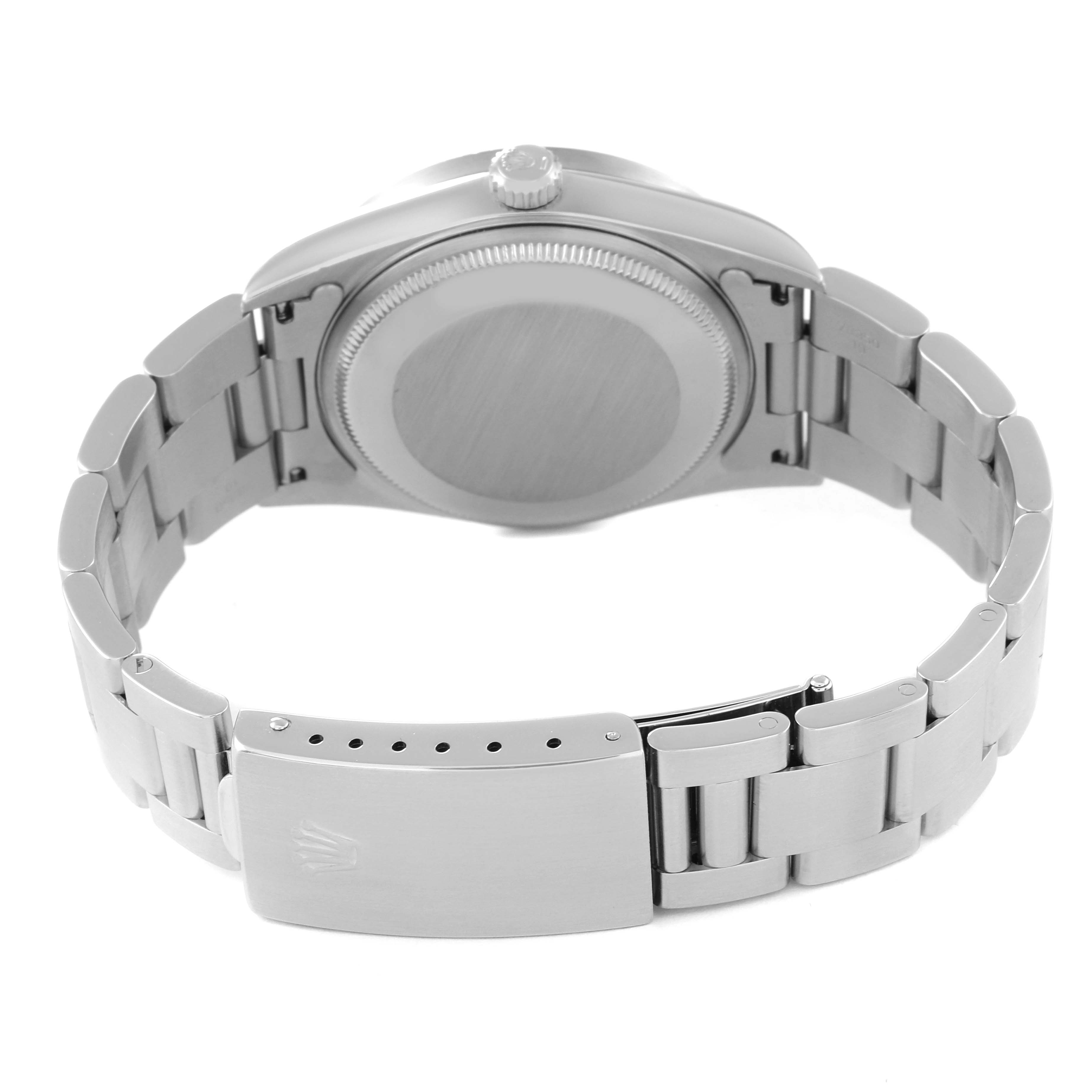 The image shows the back and bracelet of a Rolex Air-King 14010 Men's Stainless Steel Grey Dial 14010 Men's Stainless Steel Grey Dial watch, highlighting the clasp and caseback.