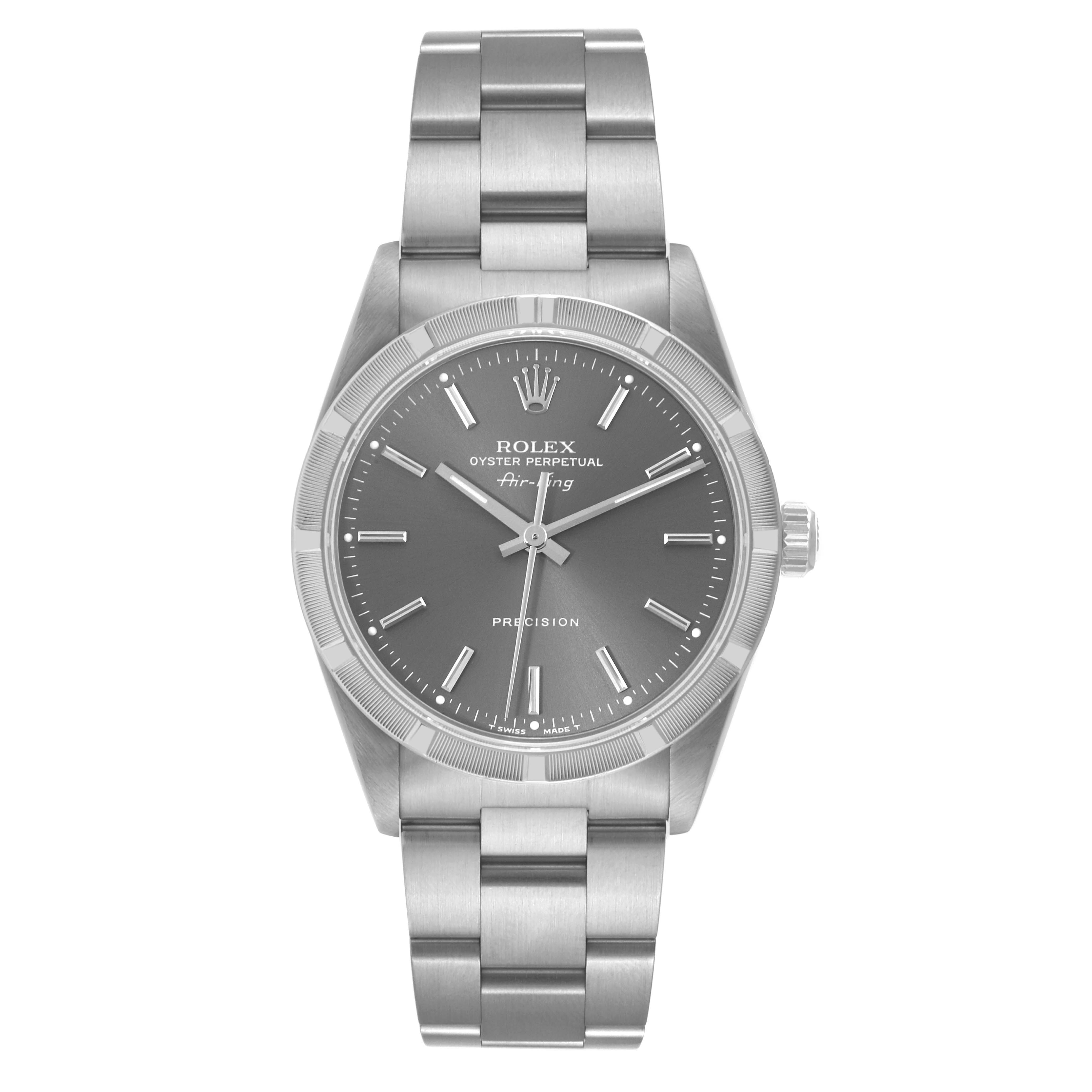 The image shows a front view of the Rolex Air-King 14010 Men's Stainless Steel Grey Dial 14010 Men's Stainless Steel Grey Dial watch, displaying the full dial, hands, and bracelet.