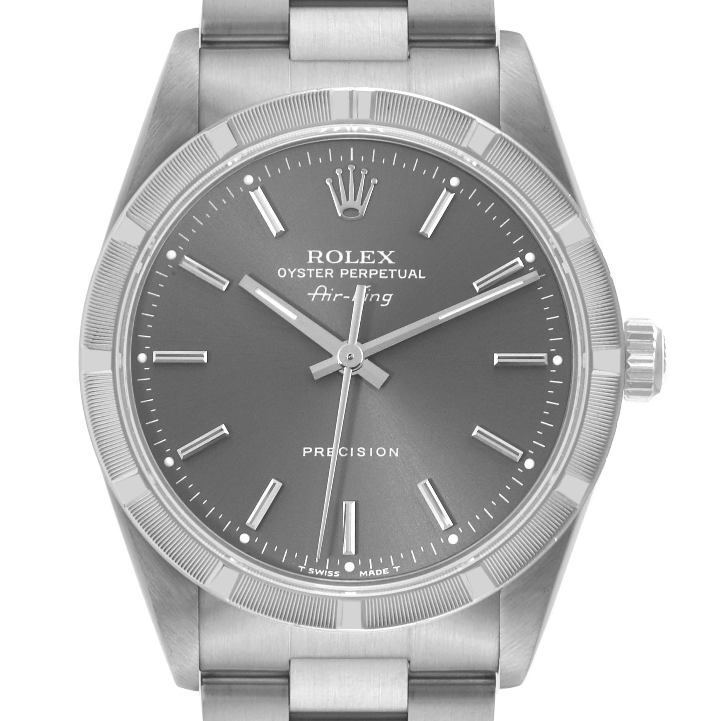 The image shows a front angle view of the Rolex Air-King 14010 Men's Stainless Steel Grey Dial 14010 Men's Stainless Steel Grey Dial watch model, highlighting its dial, bezel, and bracelet.