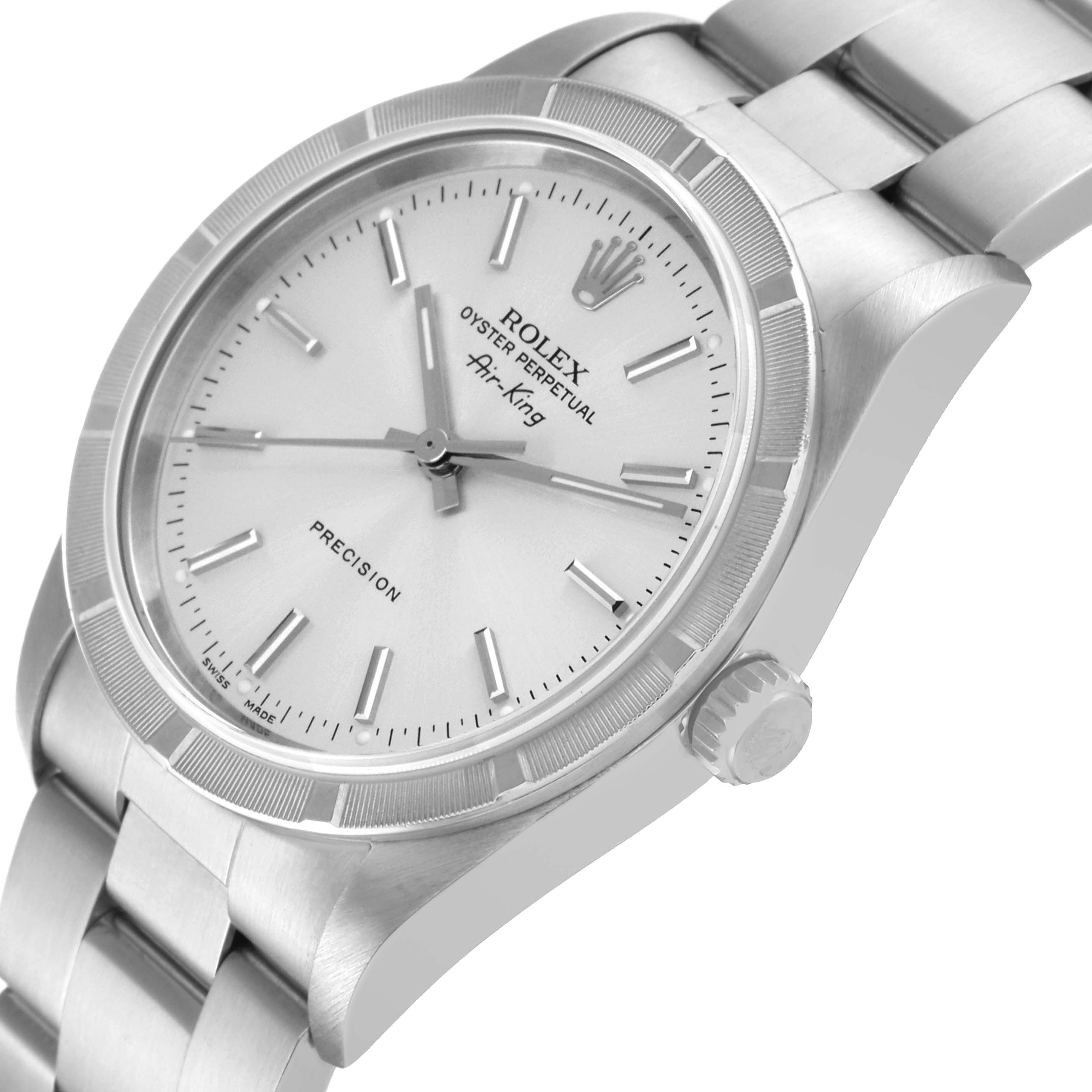 The image displays a Rolex Air-King 14010 Men's Stainless Steel Silver Dial 14010 Men's Stainless Steel Silver Dial watch at a slight angle, showing the face, bezel, crown, and part of the stainless steel bracelet.