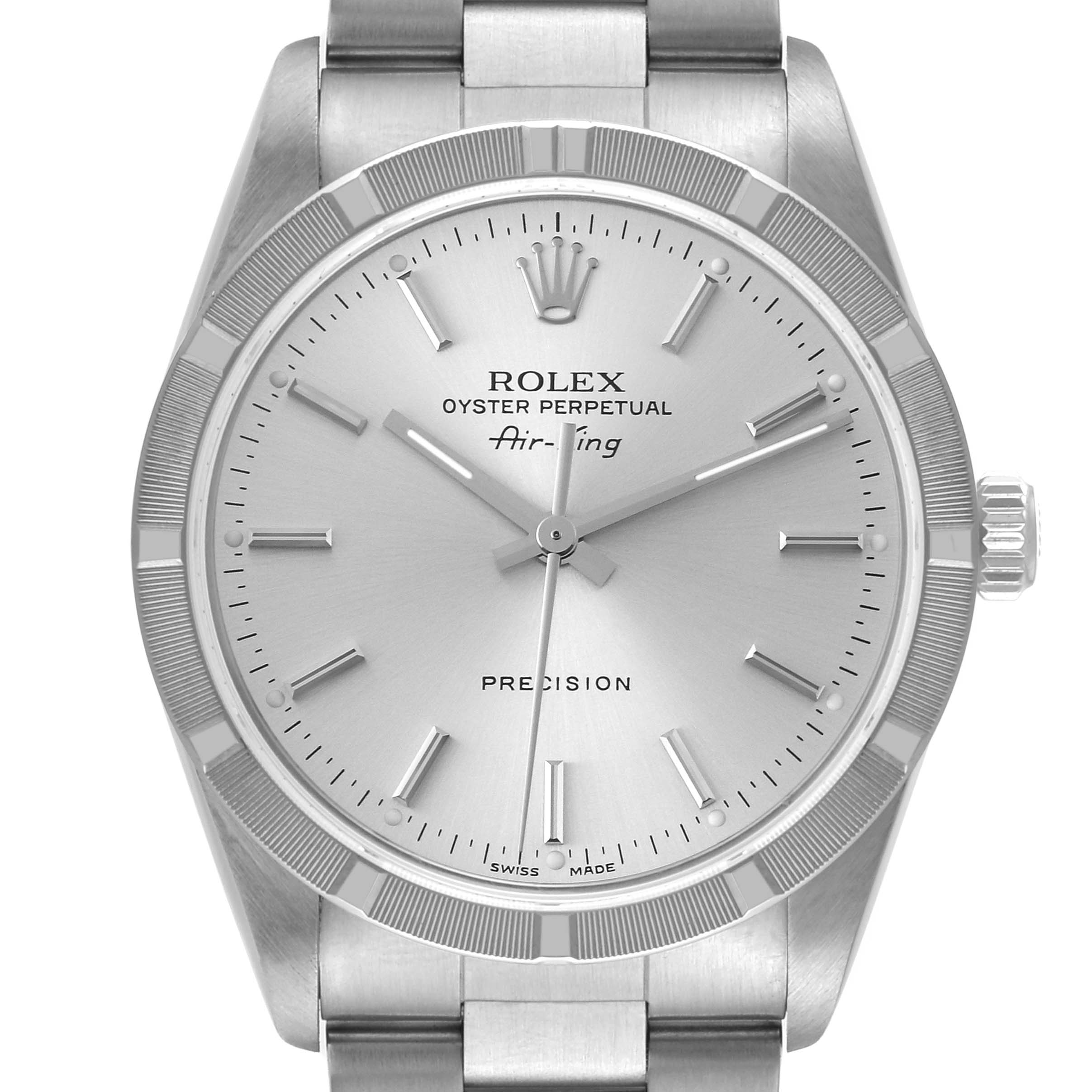 This image shows a frontal view of a Rolex Air-King 14010 Men's Stainless Steel Silver Dial 14010 Men's Stainless Steel Silver Dial watch, displaying the dial, hands, bezel, and part of the bracelet.