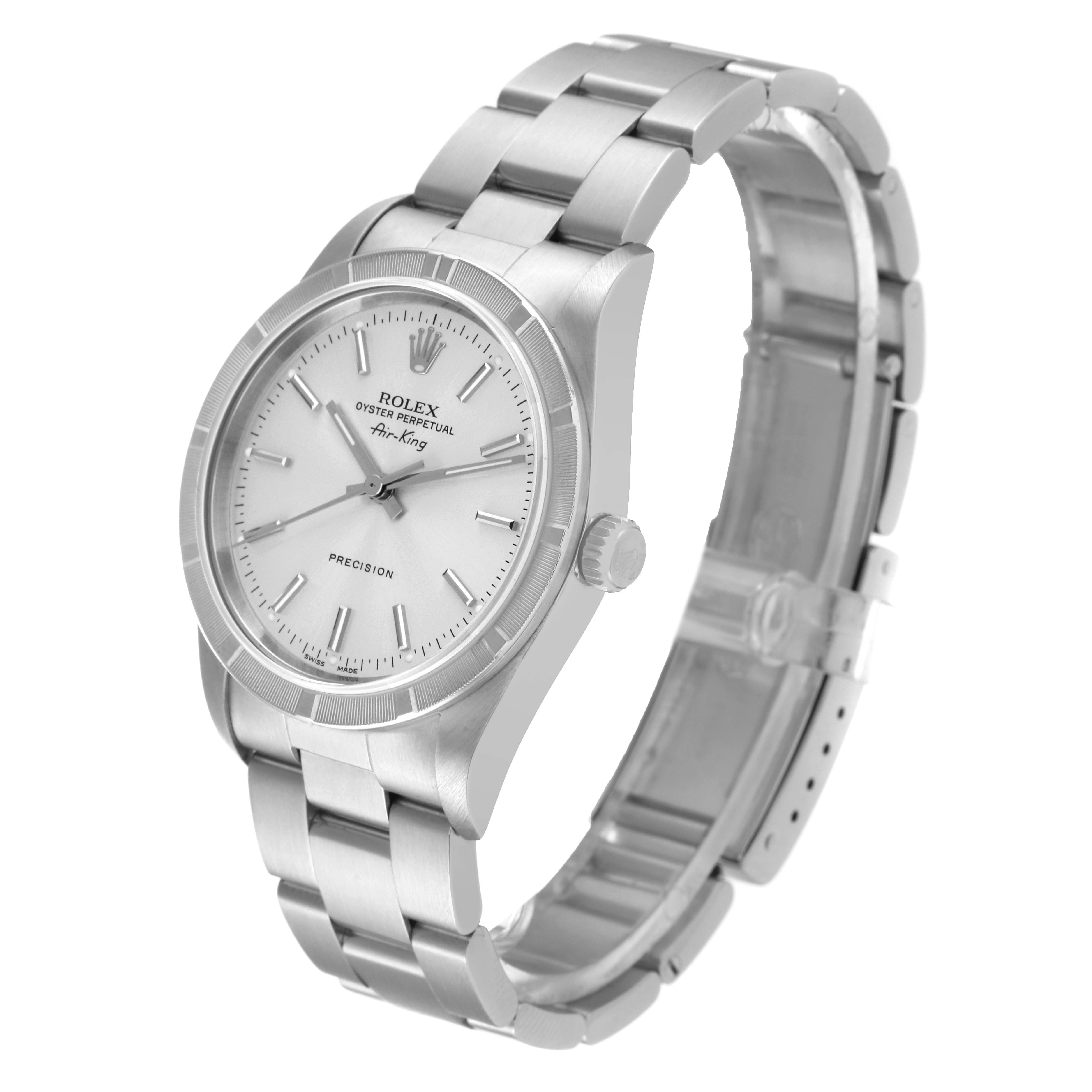 This image shows a Rolex Air-King 14010 Men's Stainless Steel Silver Dial 14010 Men's Stainless Steel Silver Dial watch angled from the front-left, displaying the dial, bezel, crown, and metallic bracelet.