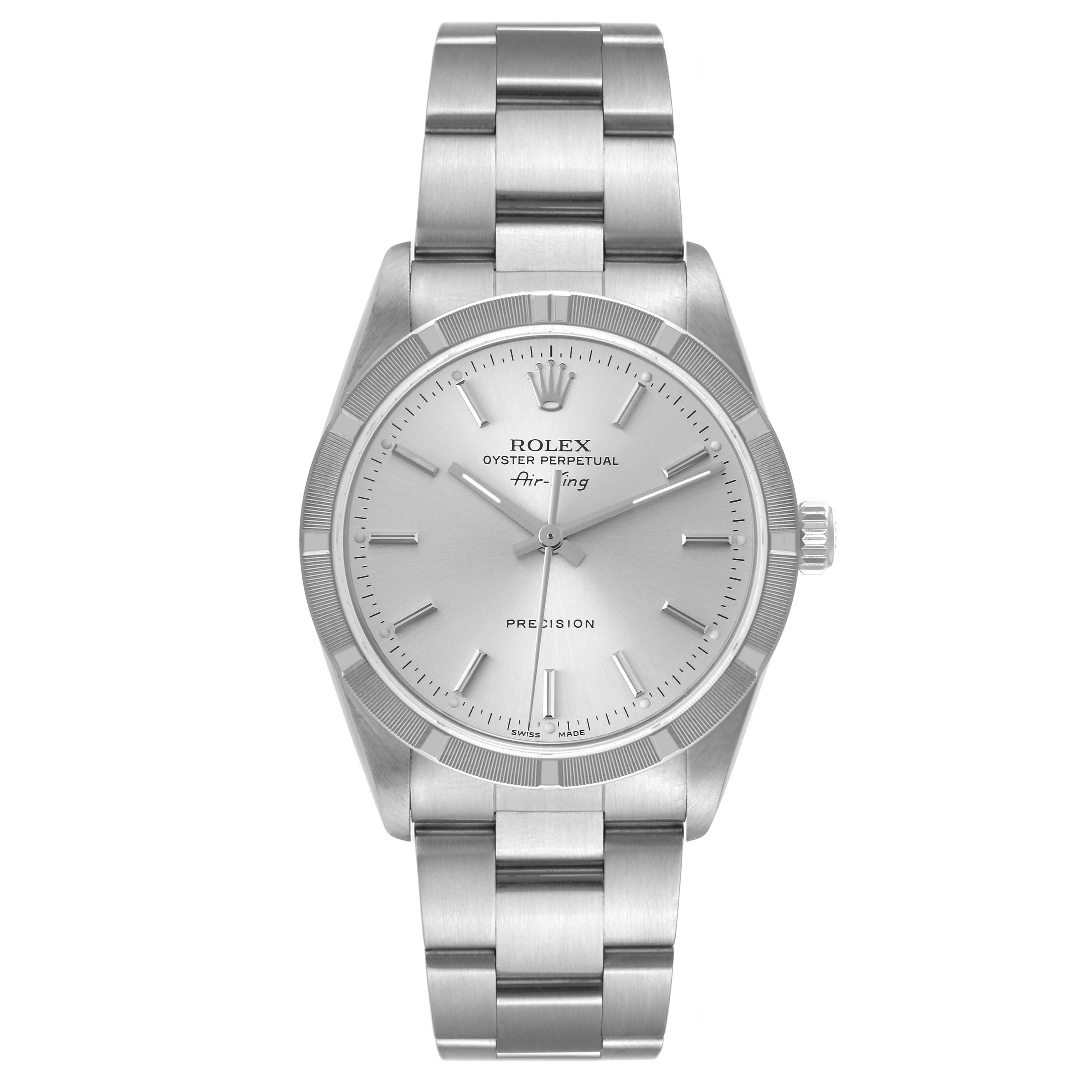 The watch is a Rolex Air-King 14010 Men's Stainless Steel Silver Dial 14010 Men's Stainless Steel Silver Dial model shown from a front angle, displaying its dial, case, and bracelet.