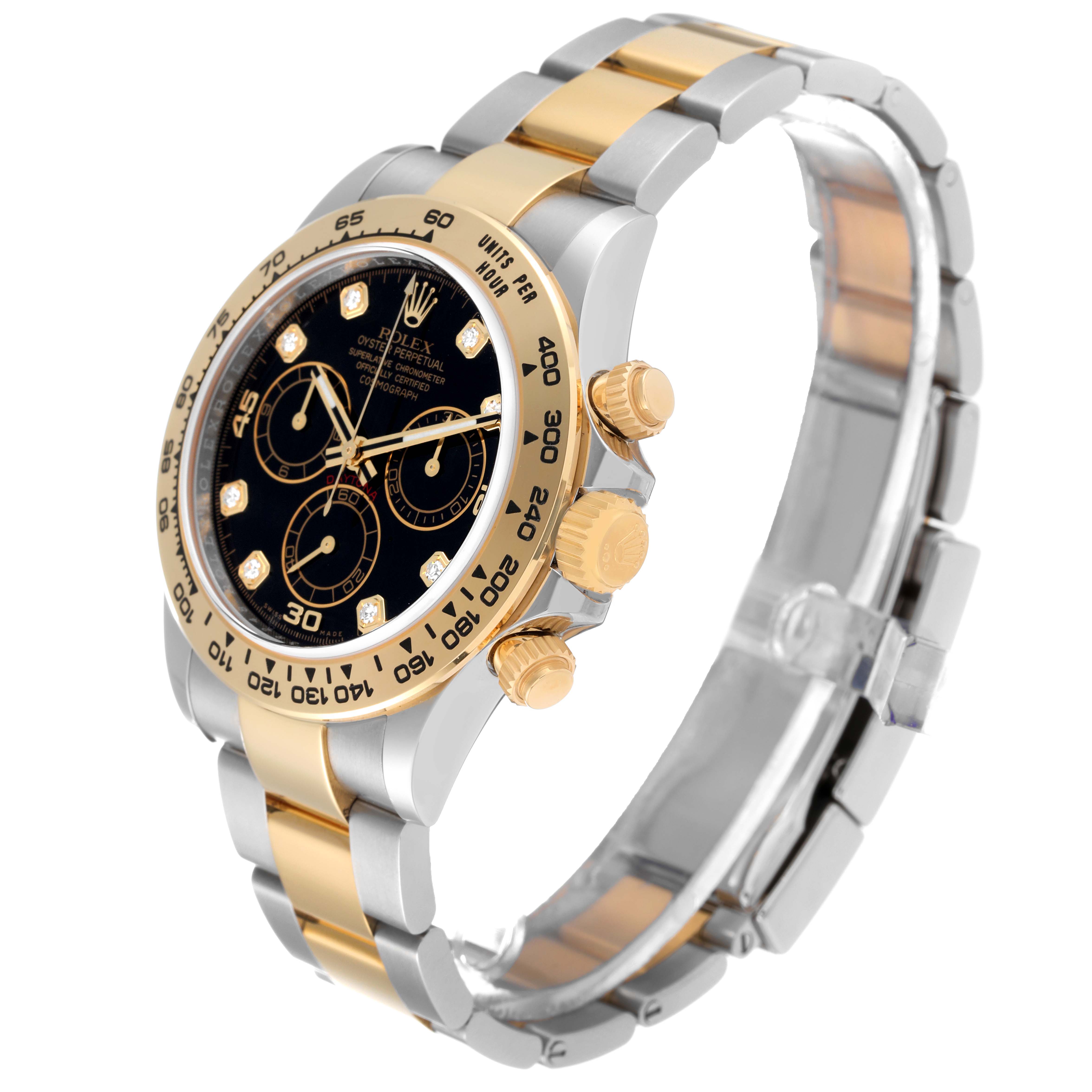 The Rolex Daytona 116503 Men
s Steel and Gold (two tone) Black Dial 116503 Men
s Steel and Gold (two tone) Black Dial watch is shown at a three-quarter angle, highlighting its bezel, chronograph subdials, and two-tone bracelet.