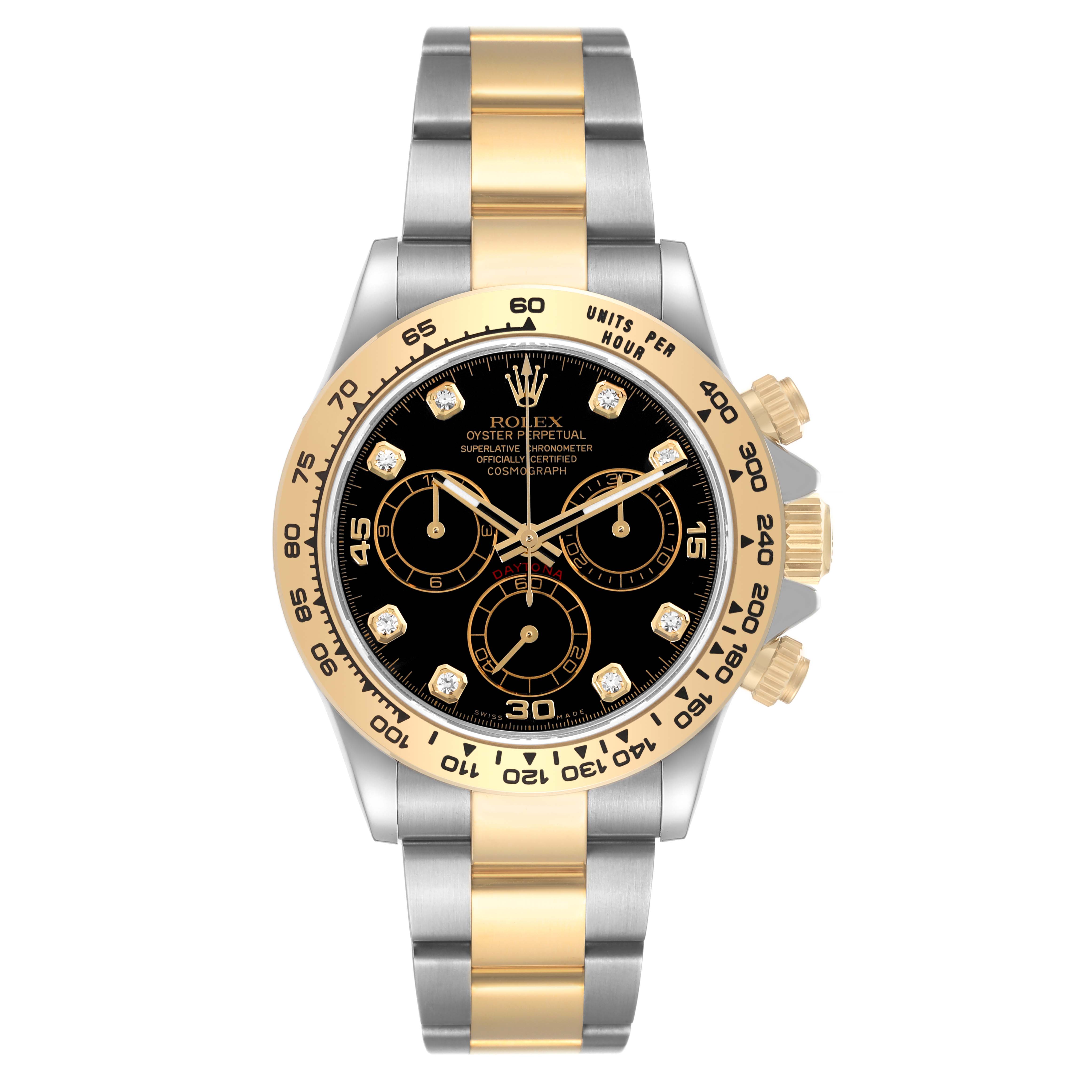 This image shows a front view of a Rolex Daytona 116503 Men
s Steel and Gold (two tone) Black Dial 116503 Men
s Steel and Gold (two tone) Black Dial watch with a black dial, gold bezel, and two-tone bracelet.