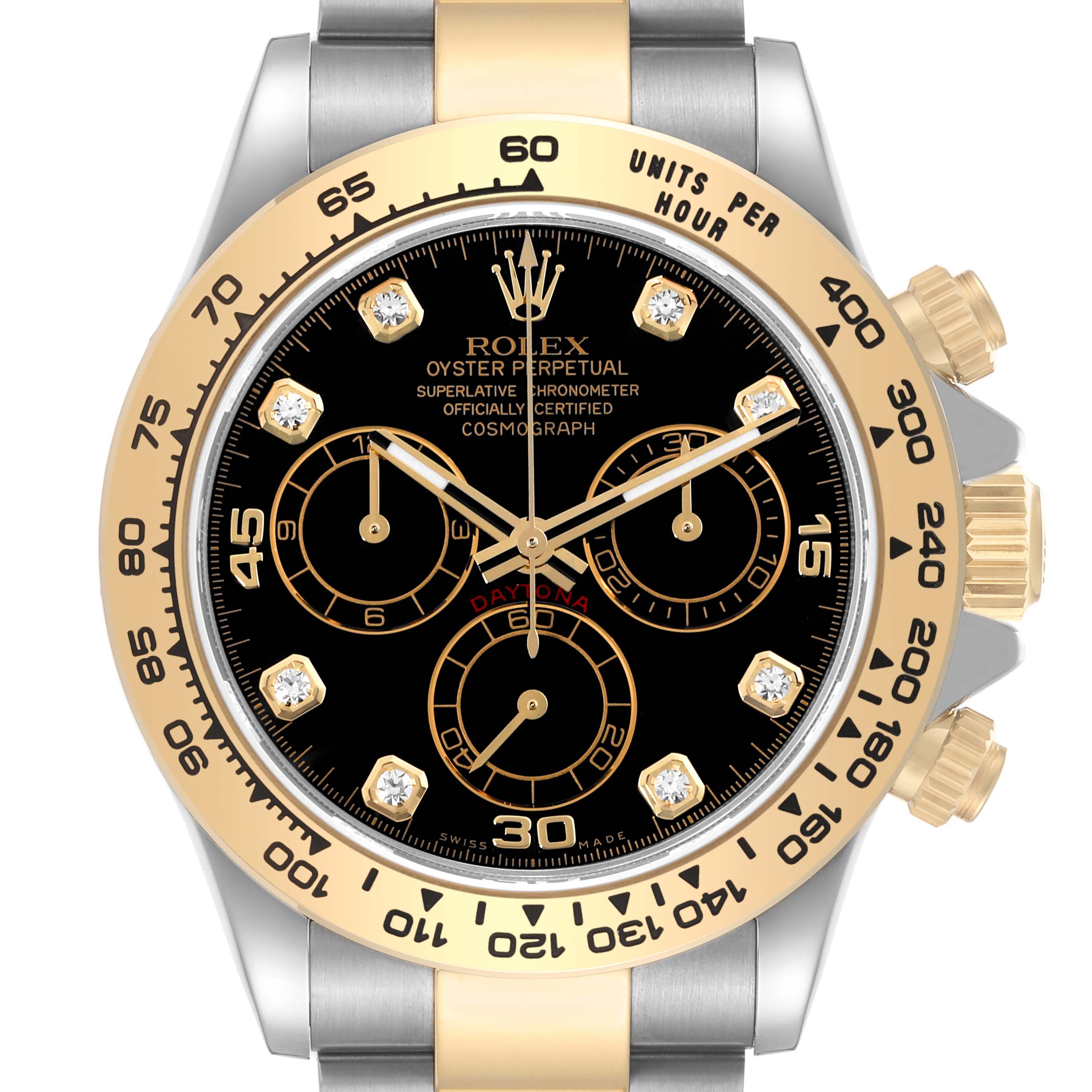 The image shows a Rolex Daytona 116503 Men
s Steel and Gold (two tone) Black Dial 116503 Men
s Steel and Gold (two tone) Black Dial watch at a front angle, highlighting the bezel, crown, and dial with its sub-dials and indices.
