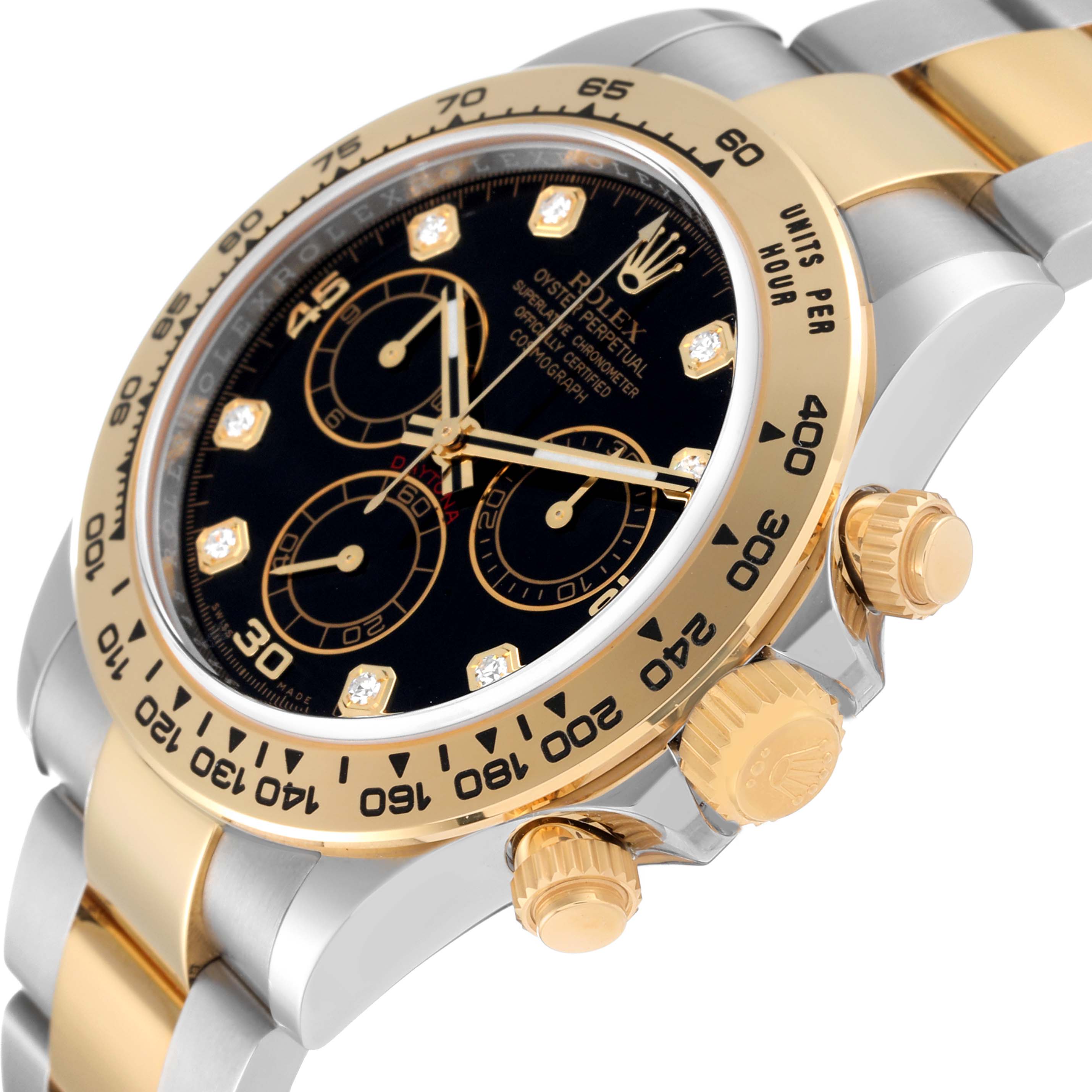 The image shows a close-up angled view of the Rolex Daytona 116503 Men
s Steel and Gold (two tone) Black Dial 116503 Men
s Steel and Gold (two tone) Black Dial watch, highlighting the bezel, dial, and pushers.