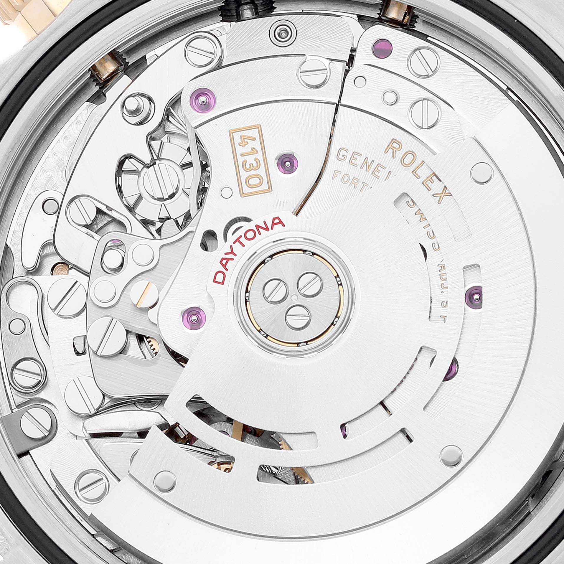 This image shows a close-up view of the intricate inner mechanical movement of a Rolex Daytona 116503 Men
s Steel and Gold (two tone) Black Dial 116503 Men
s Steel and Gold (two tone) Black Dial watch, model 4130.