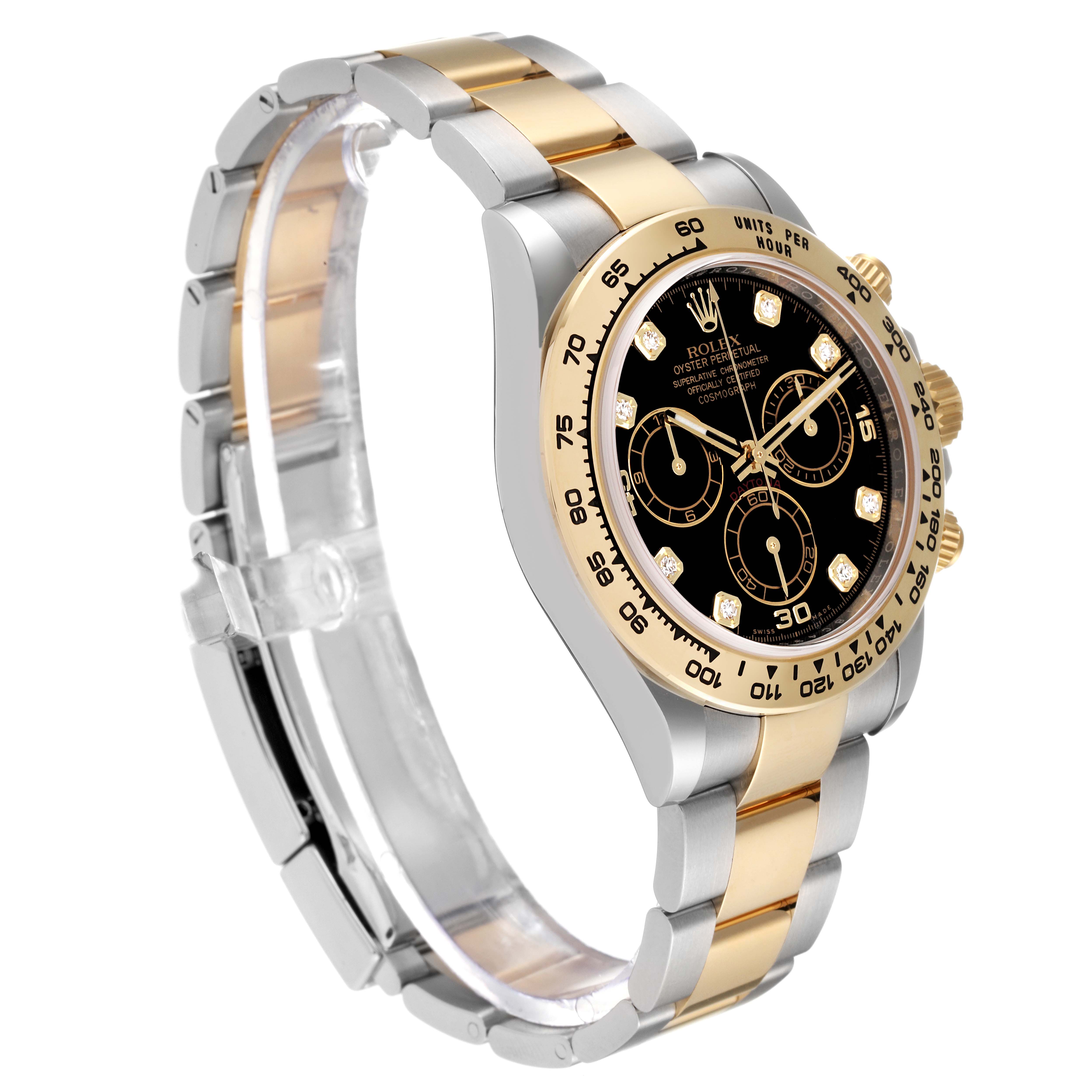 The image shows a Rolex Daytona 116503 Men
s Steel and Gold (two tone) Black Dial 116503 Men
s Steel and Gold (two tone) Black Dial watch at a three-quarter angle, featuring the bracelet, case, bezel, and dial.