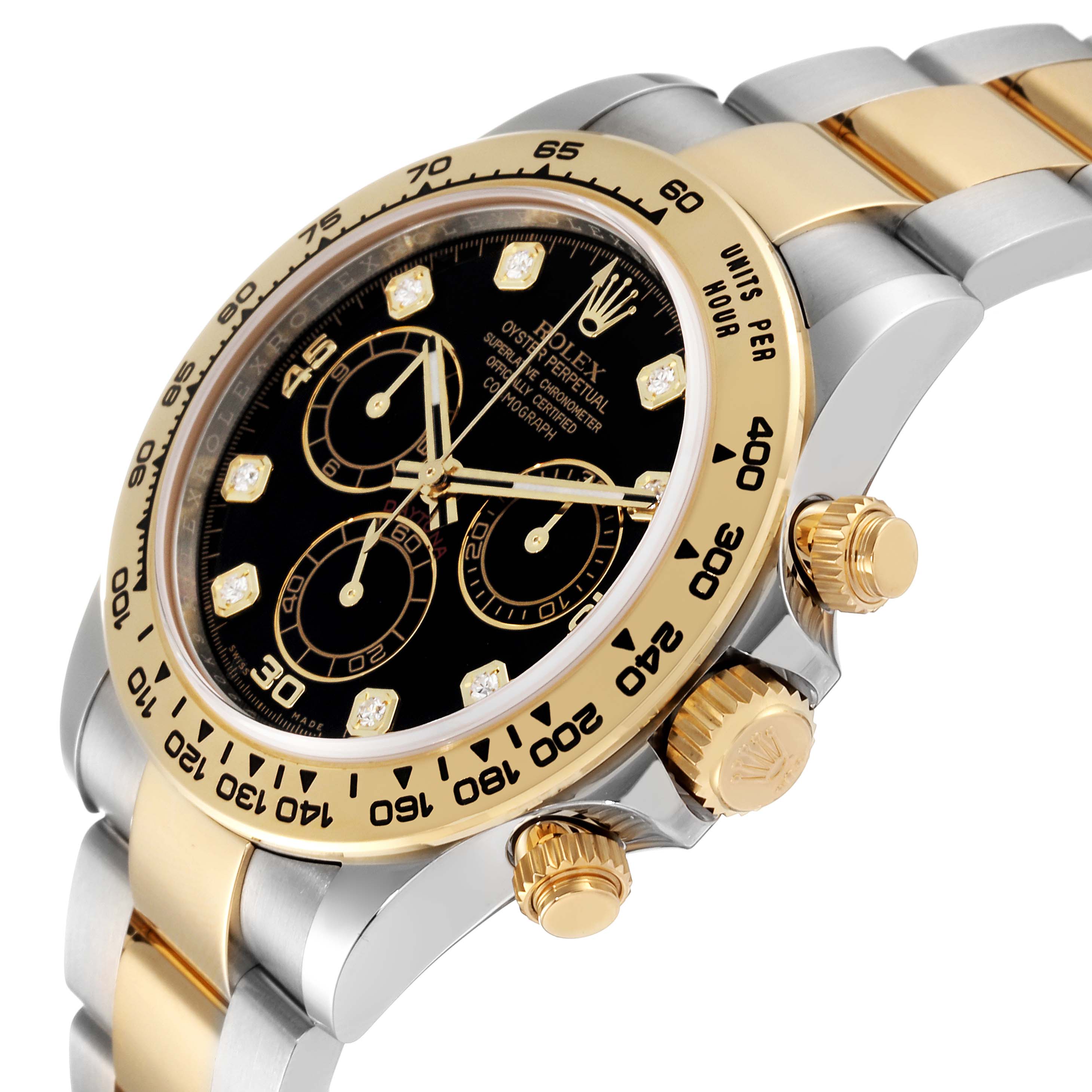 The image showcases a Rolex Daytona 116503 Men
s Steel and Gold (two tone) Black Dial 116503 Men
s Steel and Gold (two tone) Black Dial model watch from an angled side view, highlighting the bezel, dial, and bracelet.