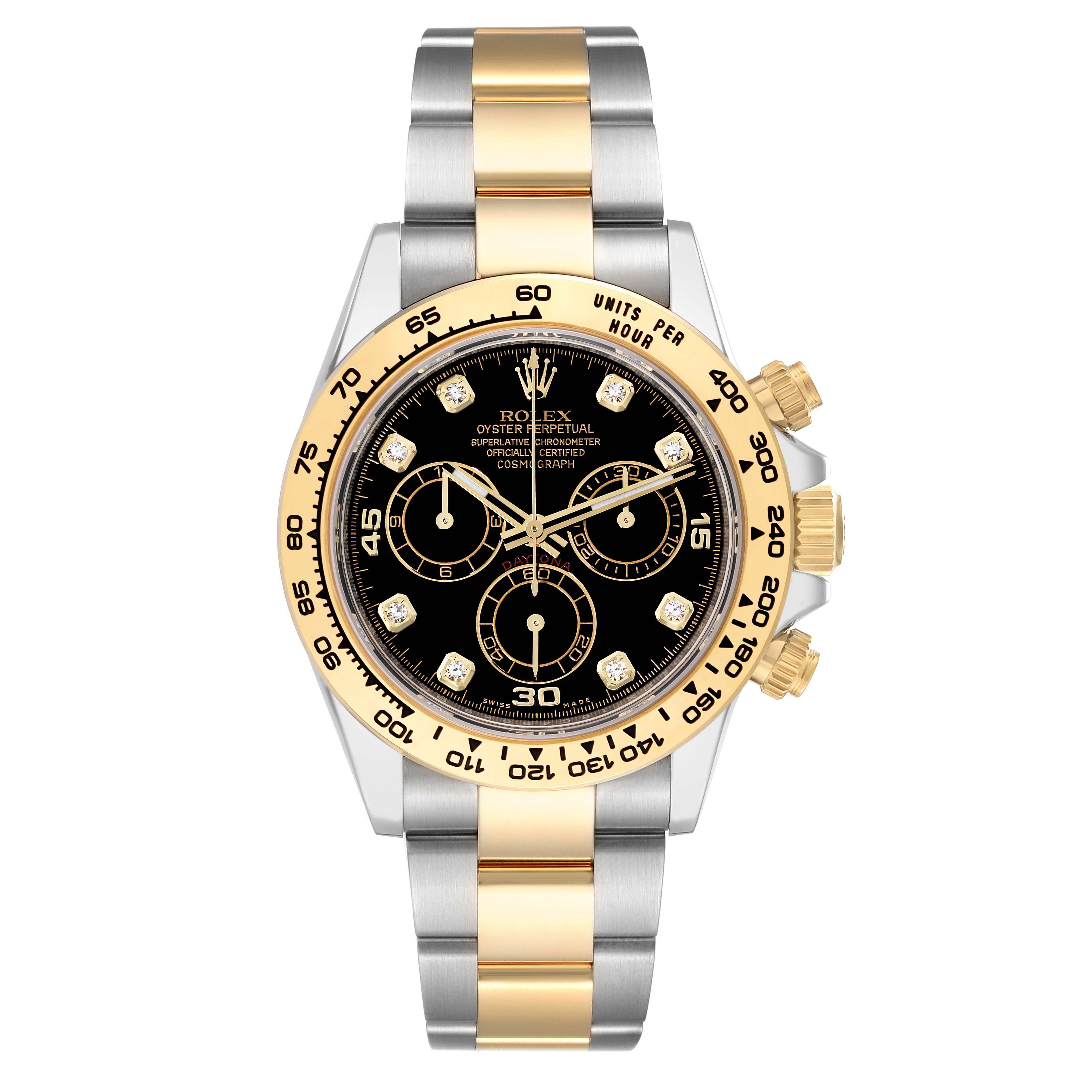 The image shows a front view of a Rolex Daytona 116503 Men
s Steel and Gold (two tone) Black Dial 116503 Men
s Steel and Gold (two tone) Black Dial watch, highlighting its black dial, gold bezel, and two-tone bracelet.