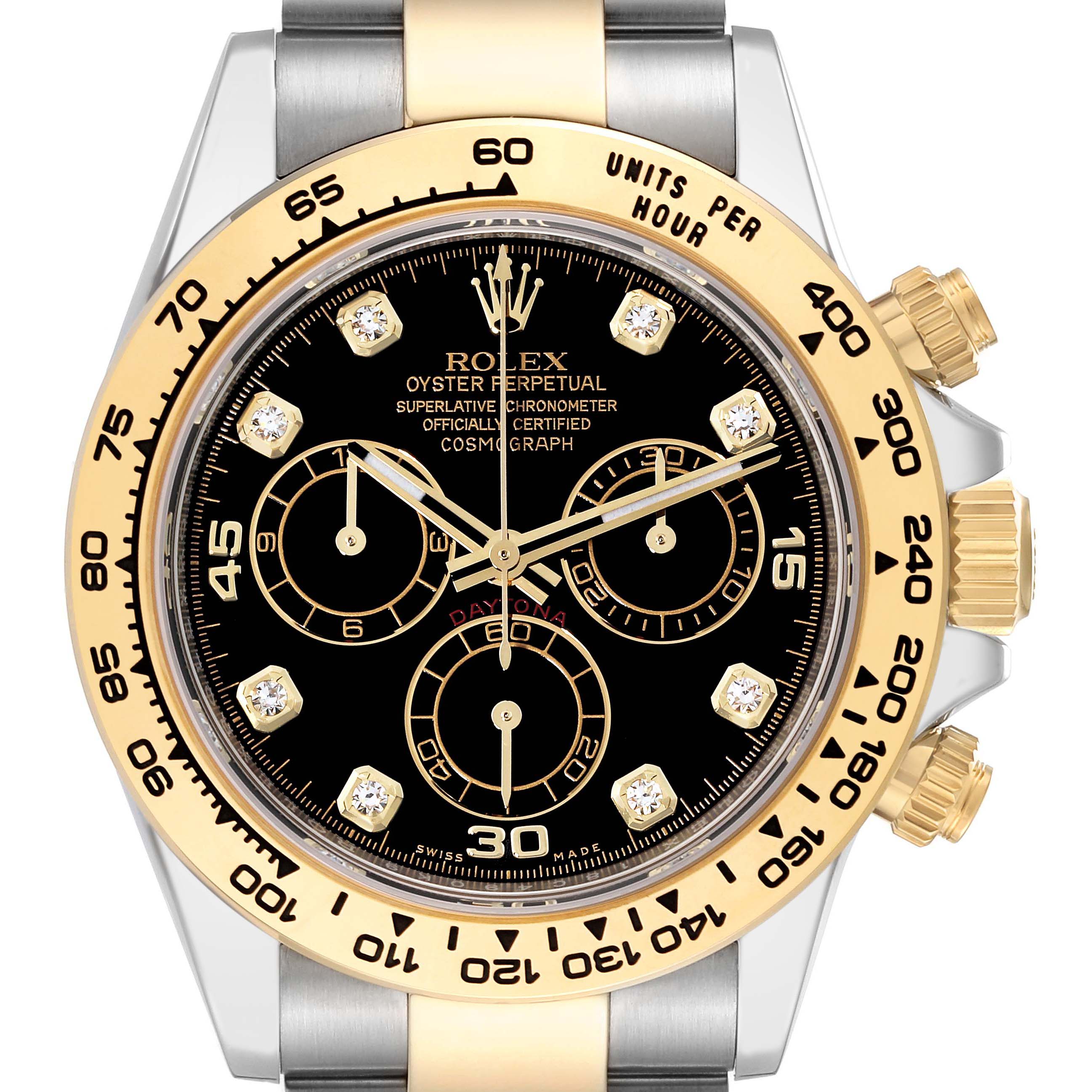 This image shows a frontal view of a Rolex Daytona 116503 Men
s Steel and Gold (two tone) Black Dial 116503 Men
s Steel and Gold (two tone) Black Dial watch, highlighting its black dial, gold bezel, and diamond hour markers.
